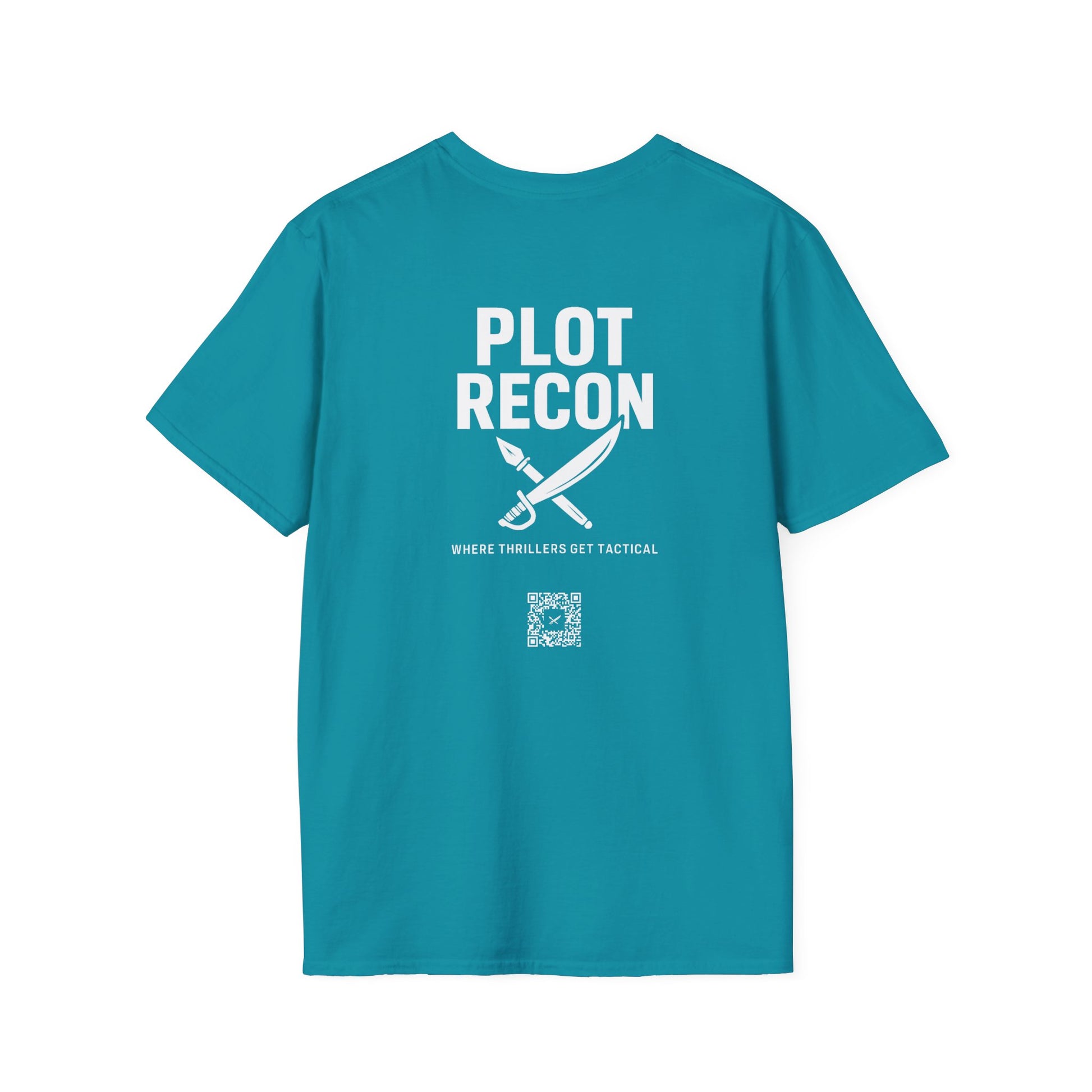 Teal t-shirt with 'PLOT RECON' text and graphic on a white background