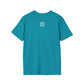 Teal t-shirt with a small QR code logo on the back against a white background