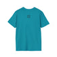 Teal t-shirt with a small QR code logo on the back against a white background