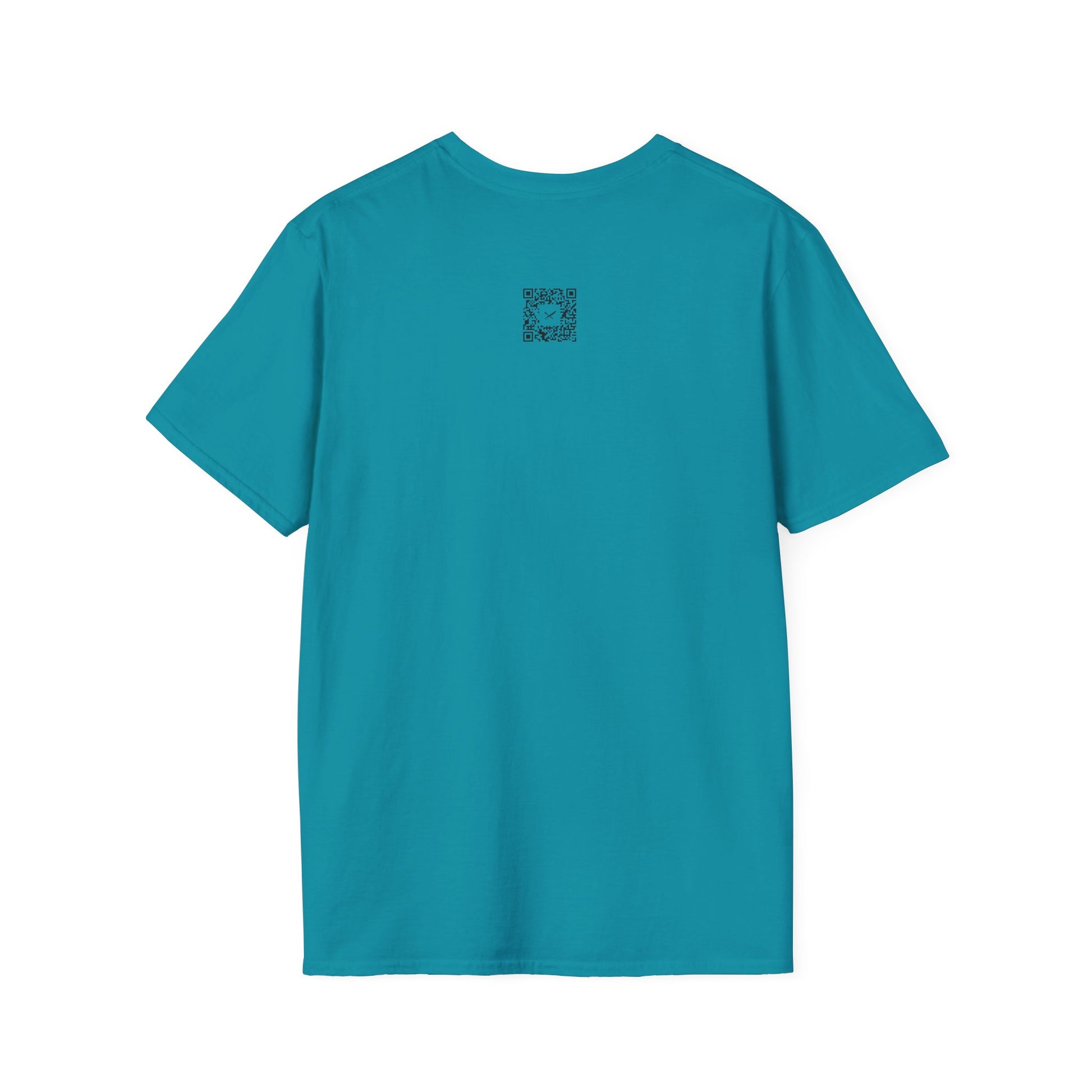 Teal t-shirt with a small QR code logo on the back against a white background