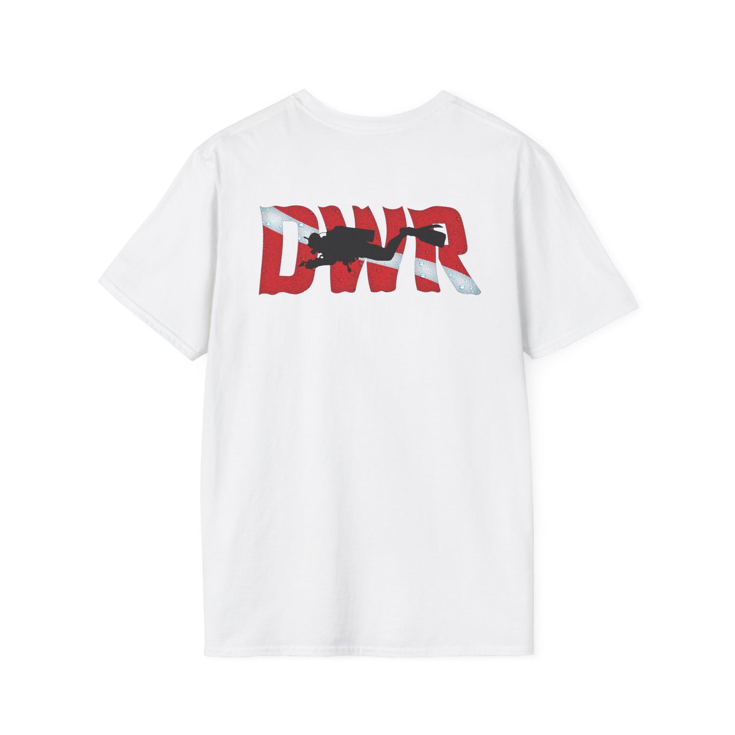 White t-shirt with a graphic design on the back featuring a diver and 'DWR' text.