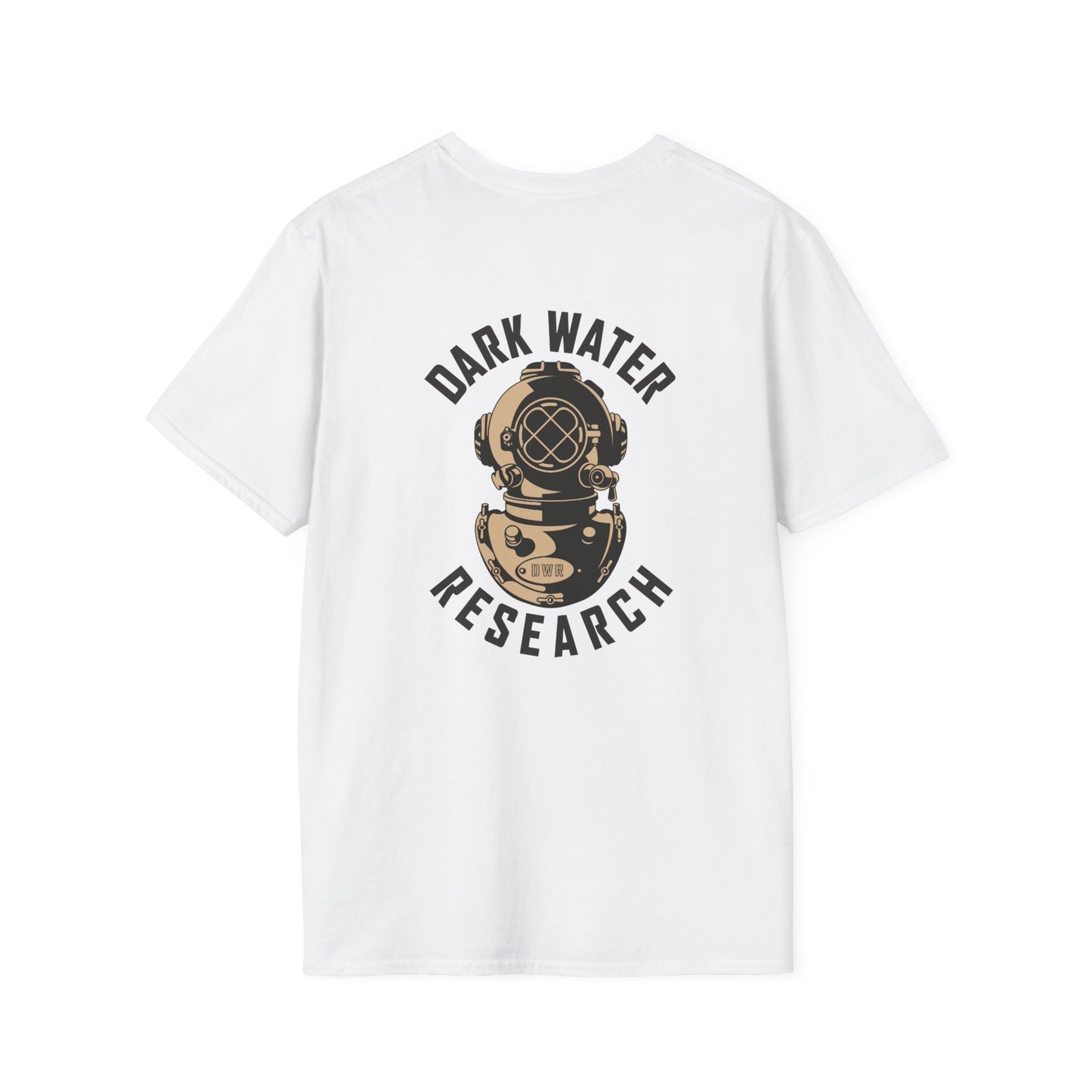 White t-shirt with 'Dark Water Research' graphic on a white background