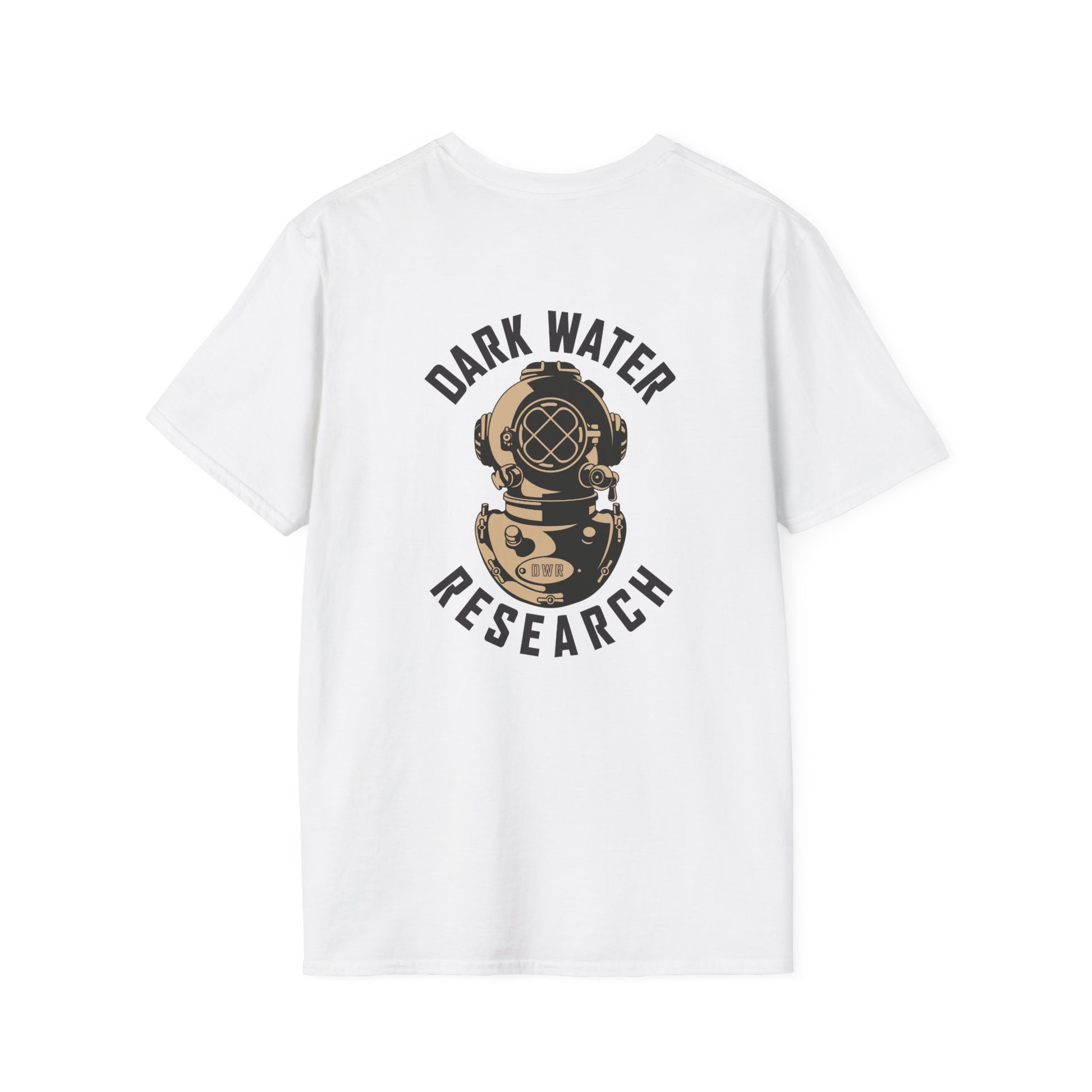 White t-shirt with 'Dark Water Research' graphic on a white background