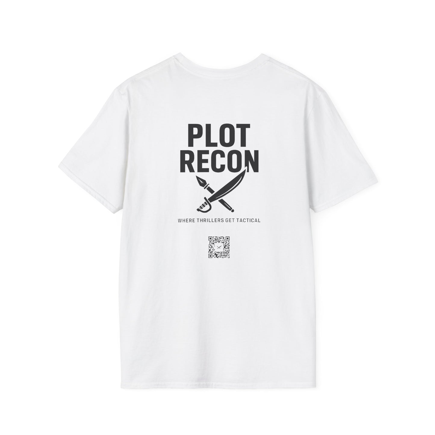White t-shirt with black text and graphic on a white background