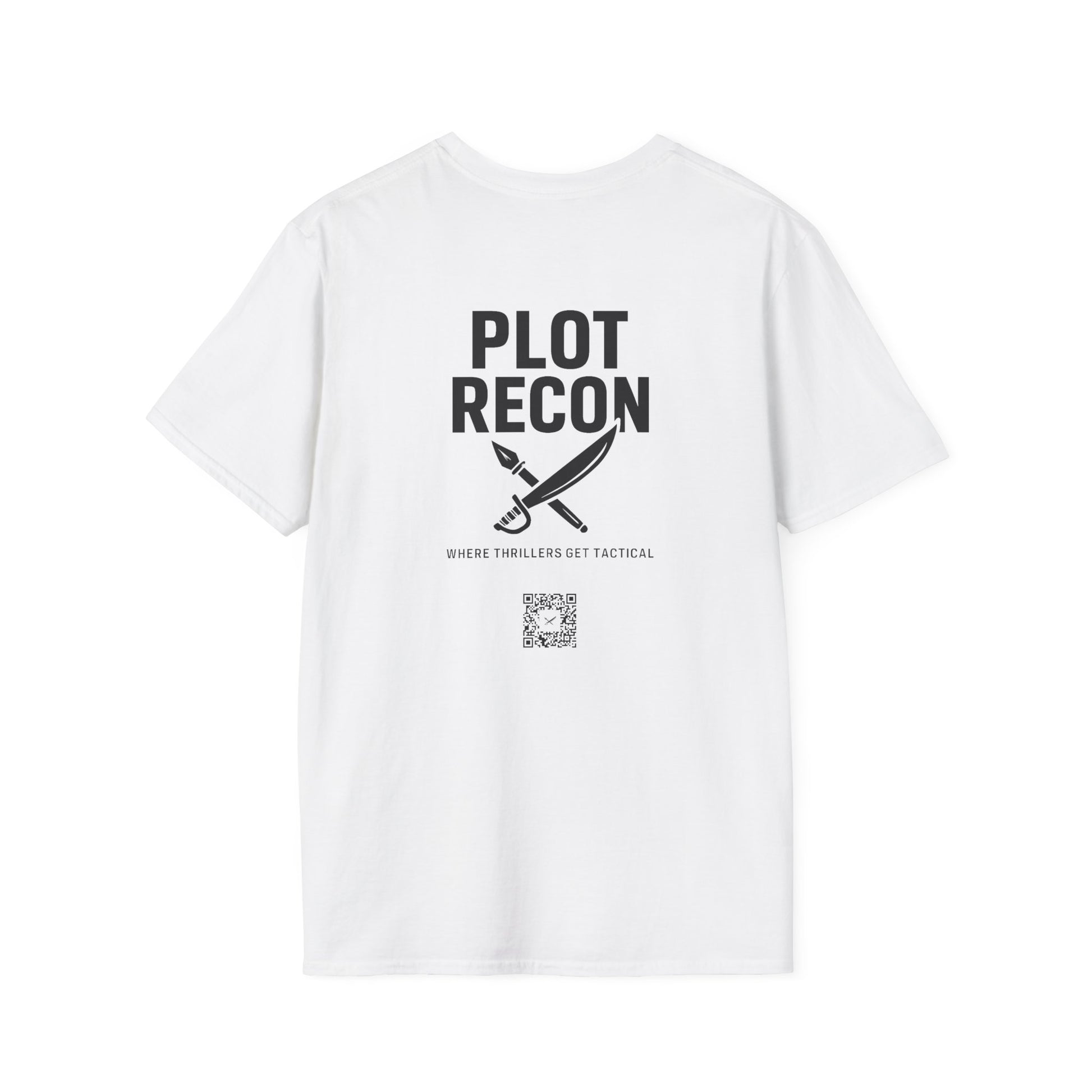 White t-shirt with black text and graphic on a white background
