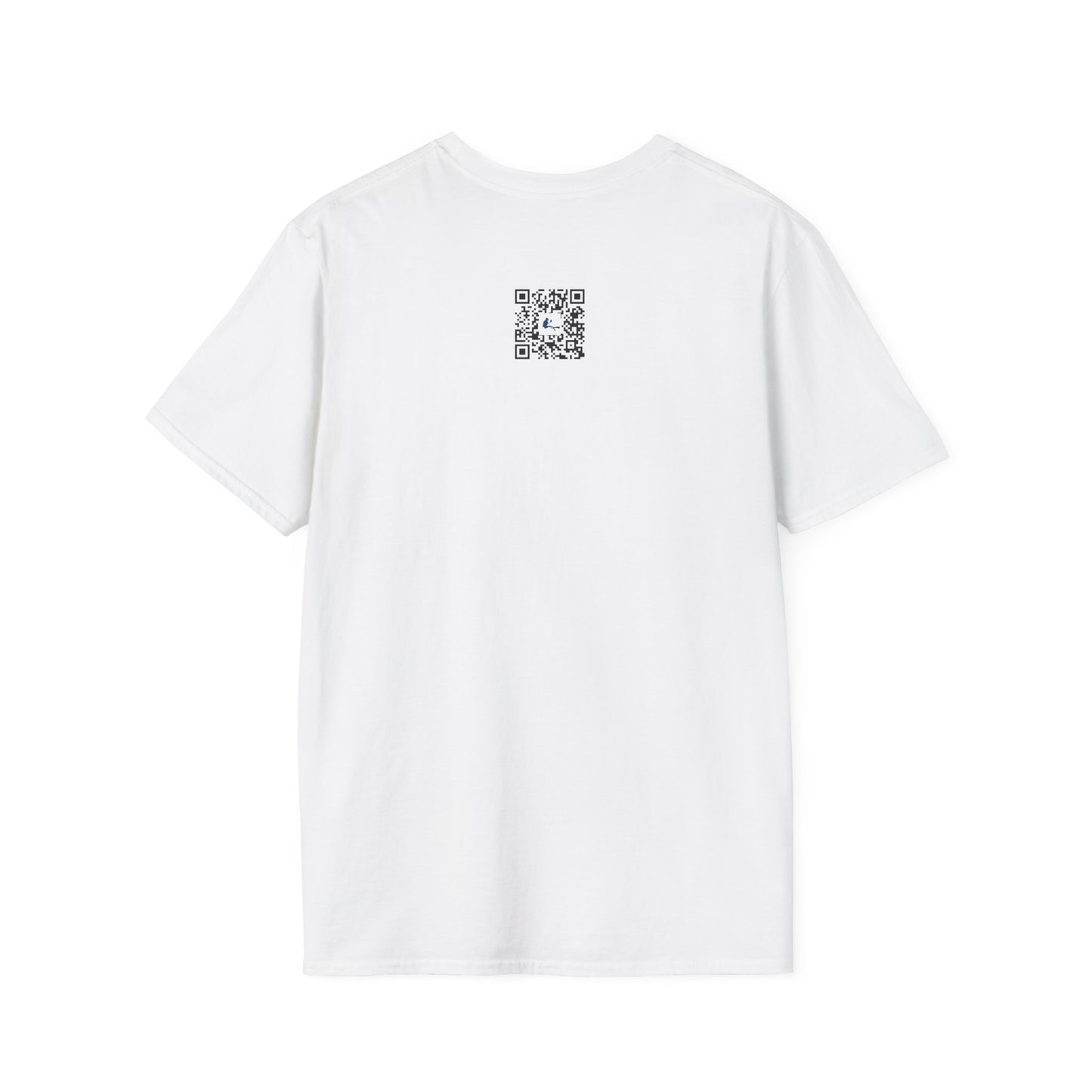 White t-shirt with a QR code on the back against a white background