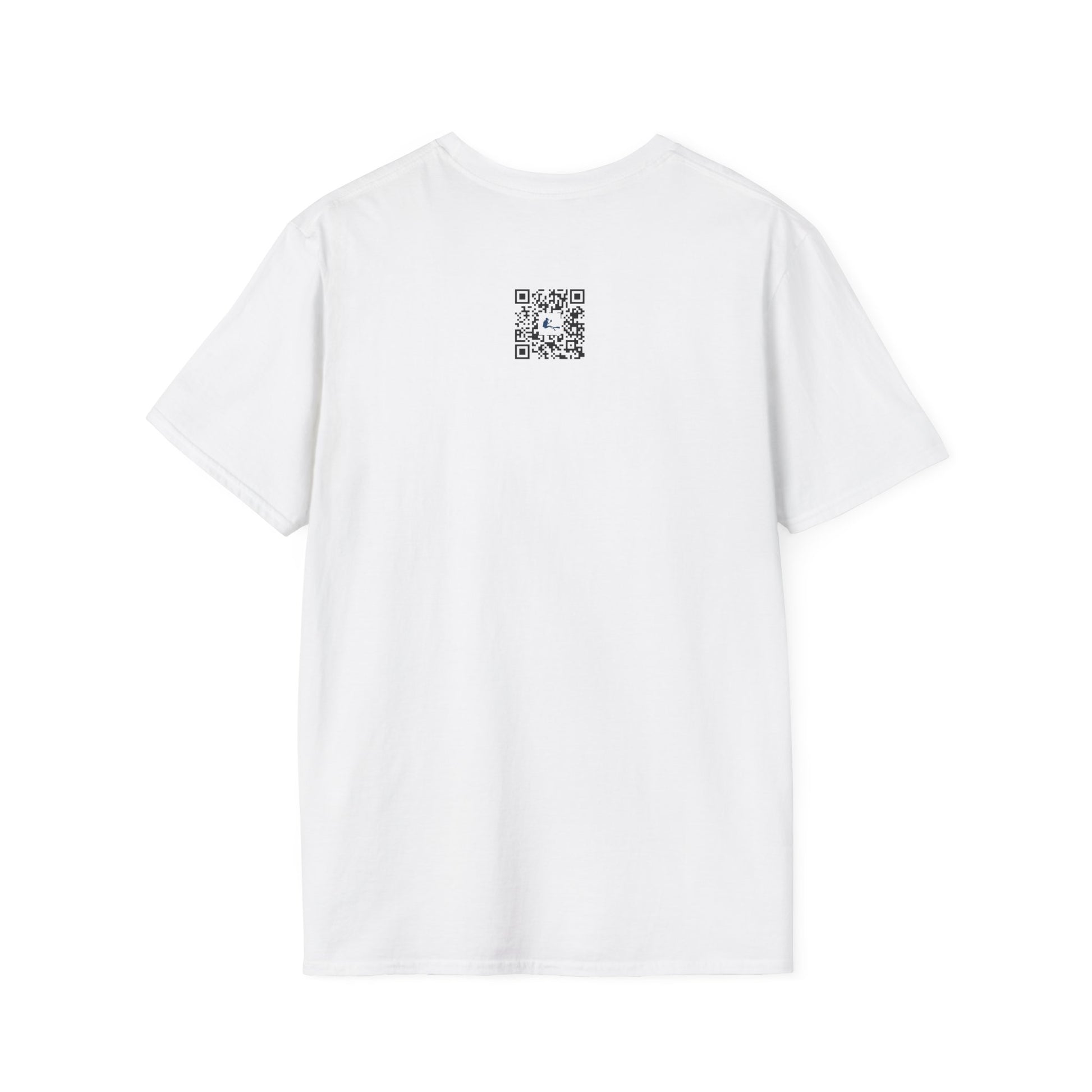 White t-shirt with a QR code on the back against a white background