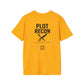 Yellow t-shirt with 'PLOT RECON' text and graphic on the back, on a white background