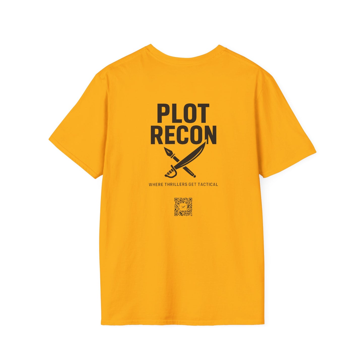 Yellow t-shirt with 'PLOT RECON' text and graphic on the back, on a white background