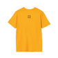 Yellow t-shirt with a small QR code logo on the back against a white background