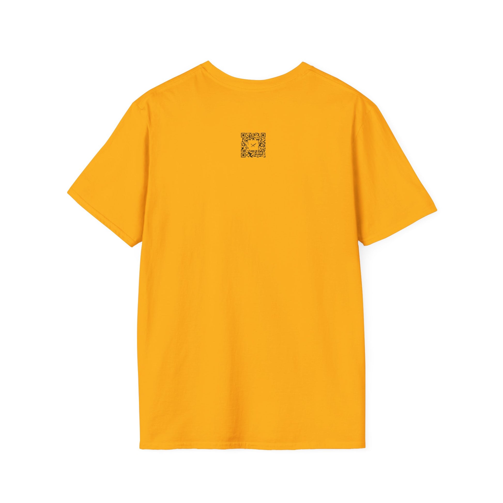 Yellow t-shirt with a small QR code logo on the back against a white background