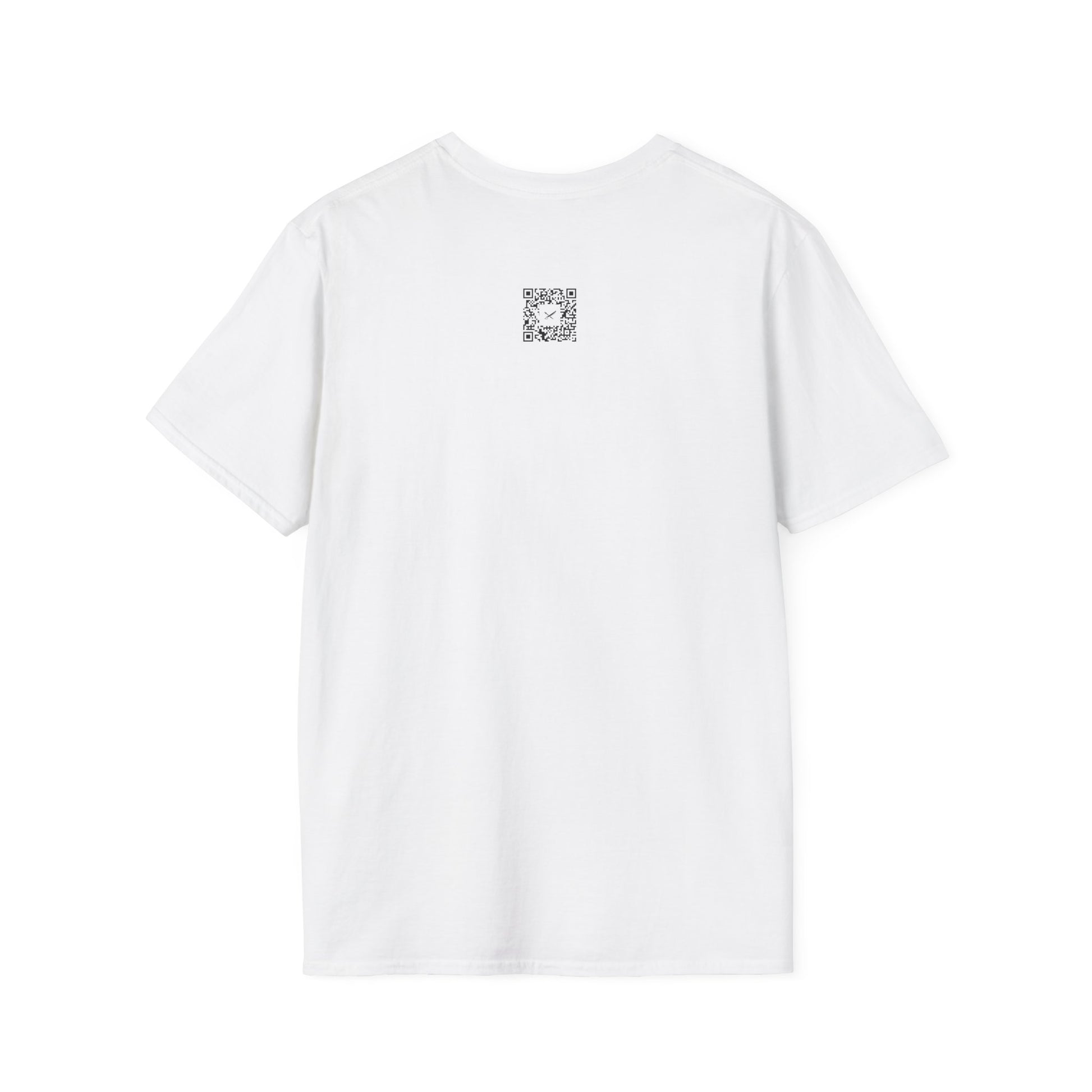 White t-shirt with a small black QR code 
logo on the chest against a white background