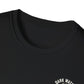 Close-up of a black t-shirt with 'Dark Water' text on a white background