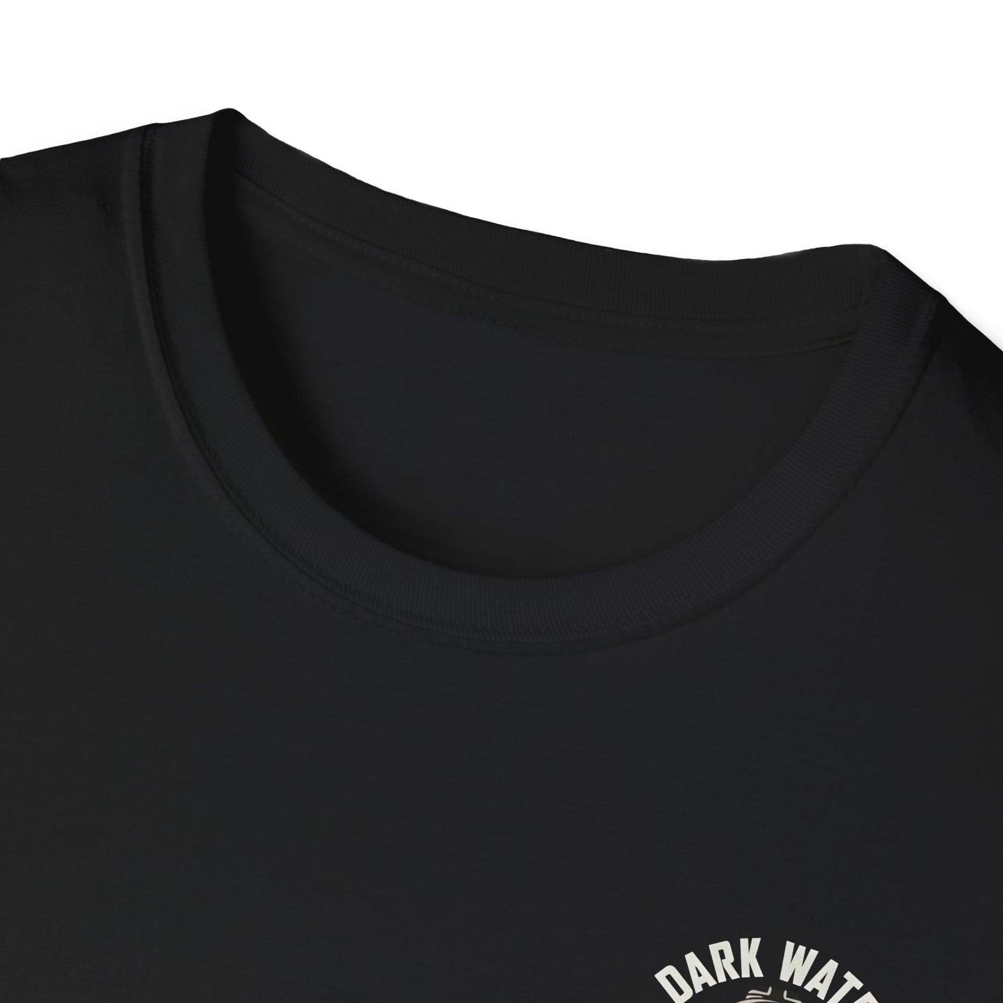 Close-up of a black t-shirt with 'Dark Water' text on a white background