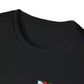 Close-up of a black t-shirt collar with a brand logo.