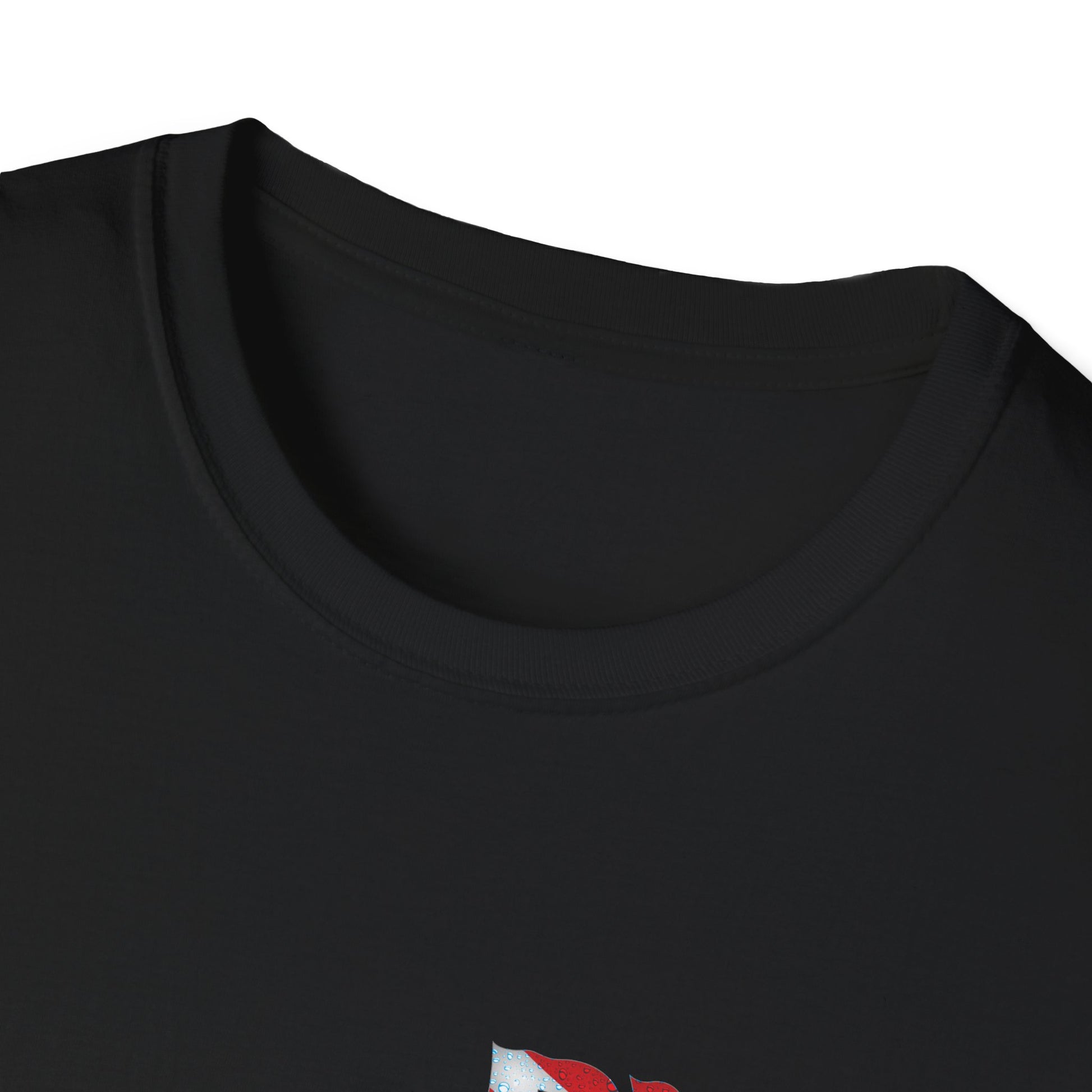 Close-up of a black t-shirt collar with a brand logo.