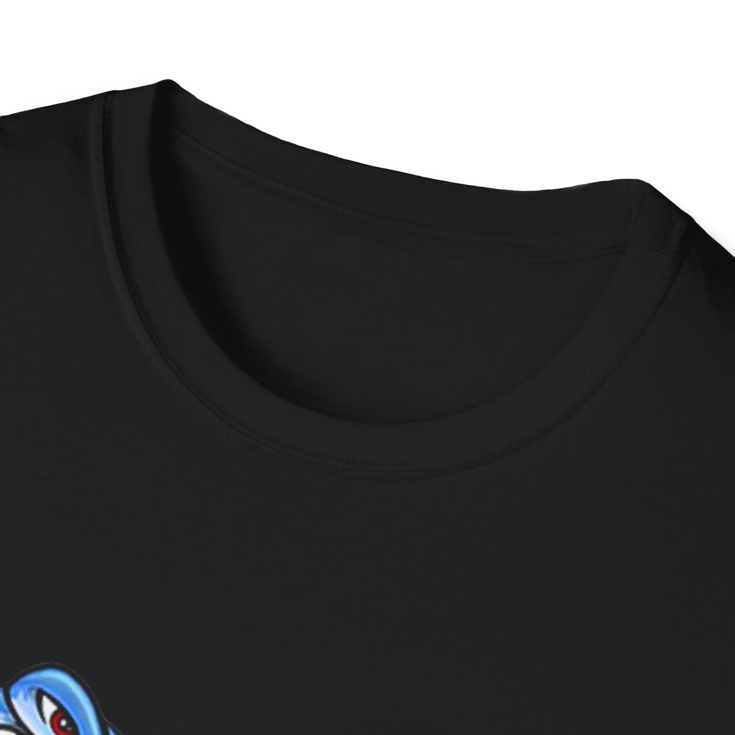 Close-up of a black t-shirt with a colorful logo on the corner.
