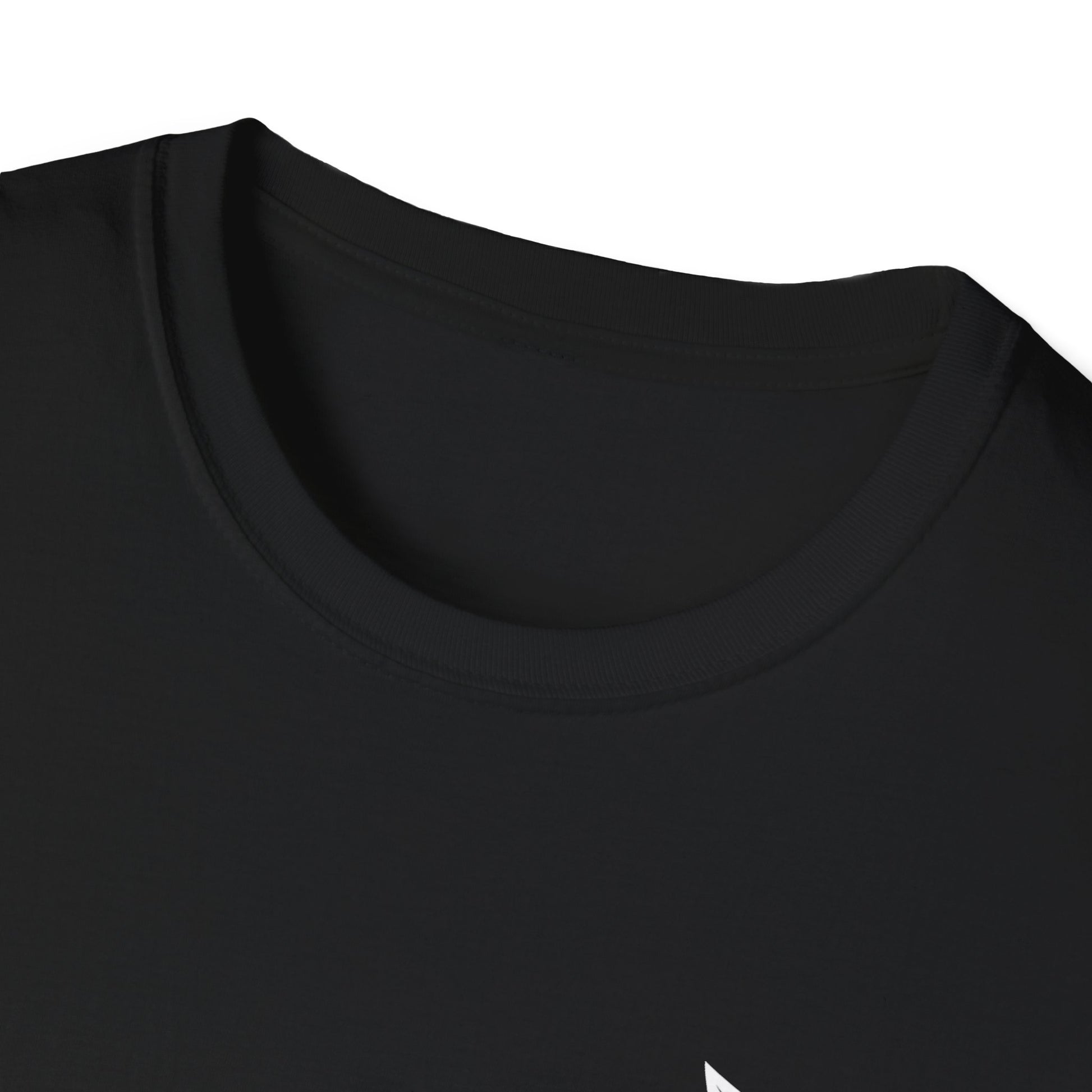 Close-up of a black t-shirt collar on a white background