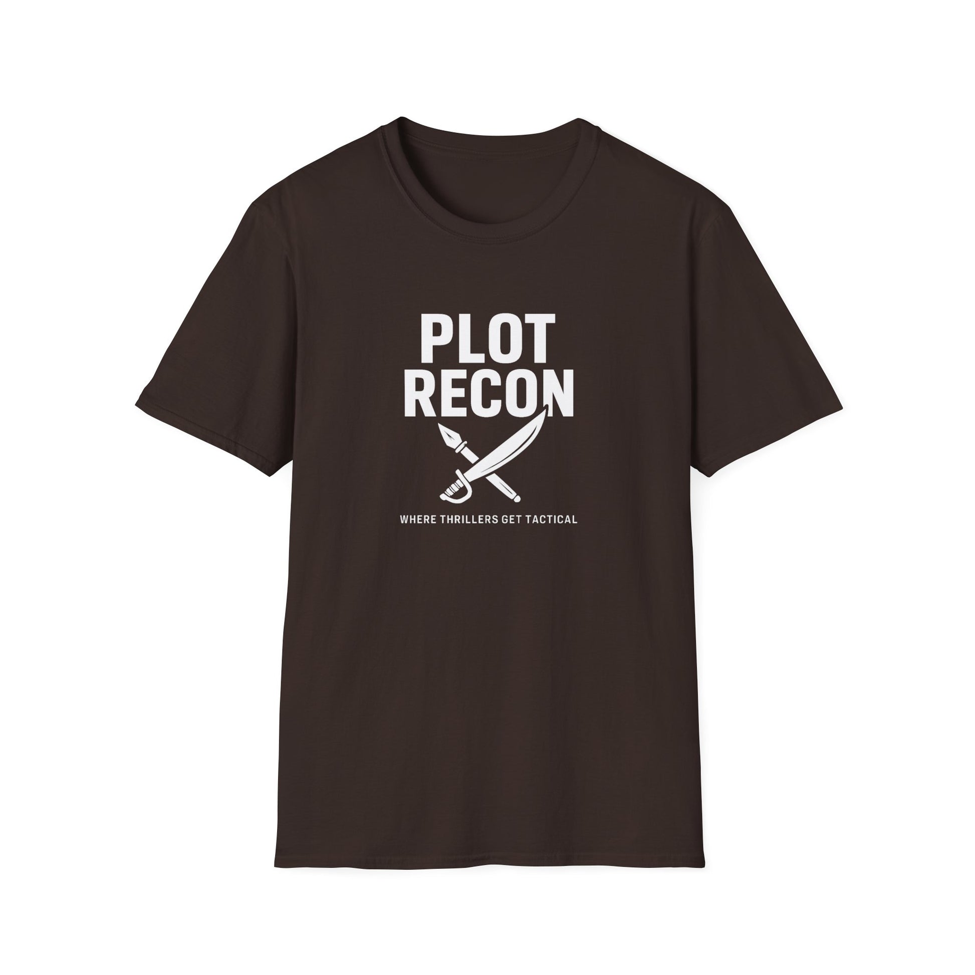 black t-shirt with 'Plot Recon' text and graphic on a white background