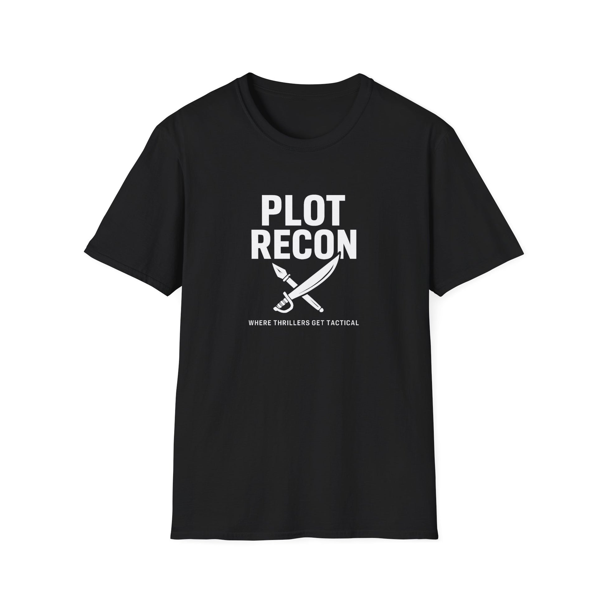 Black t-shirt with 'Plot Recon' graphic and text on a white background