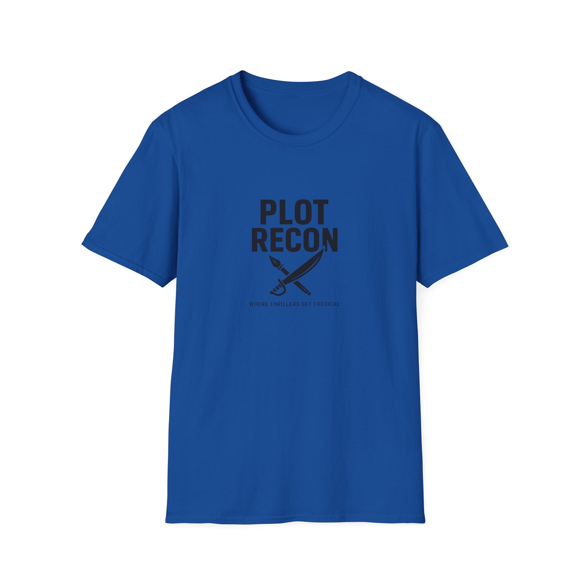 Blue t-shirt with 'PLOT RECON' text and graphic on a white background