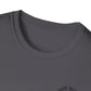 Close-up of a dark gray t-shirt with a brand logo on a white background