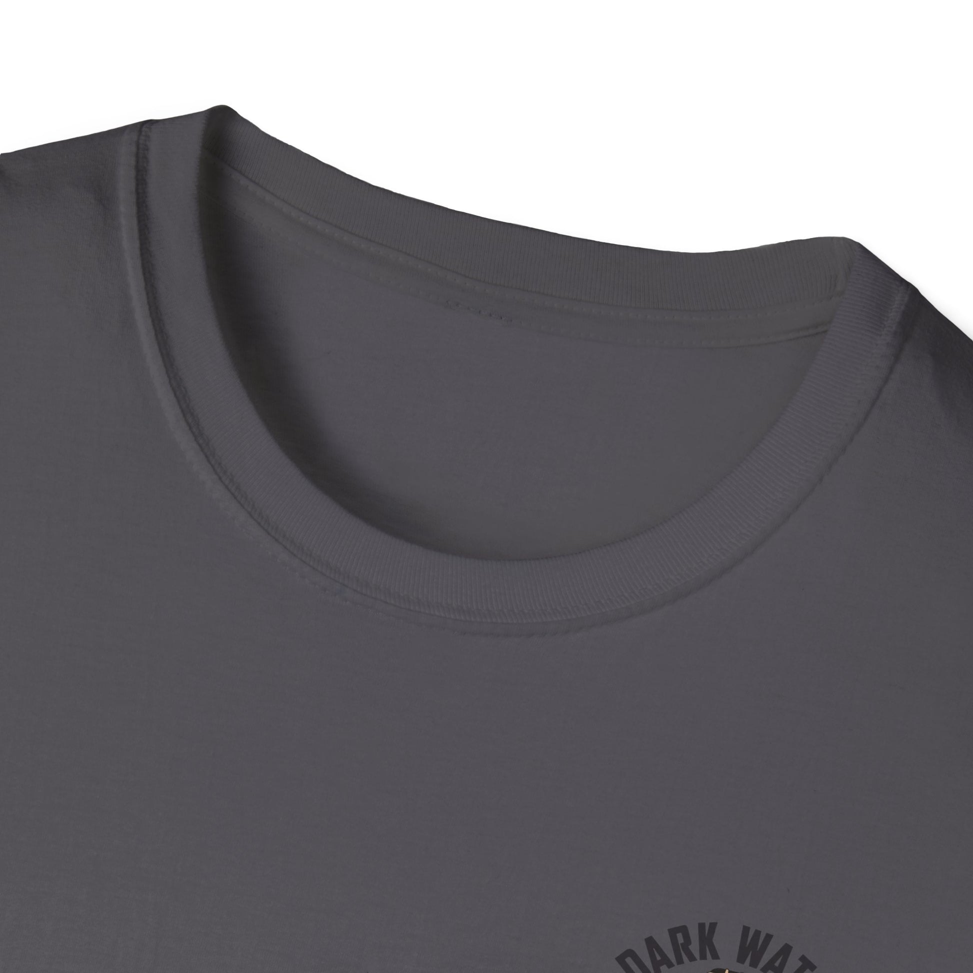 Close-up of a dark gray t-shirt with a brand logo on a white background
