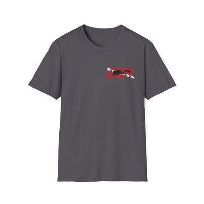 Gray t-shirt with a red and white logo on a white background