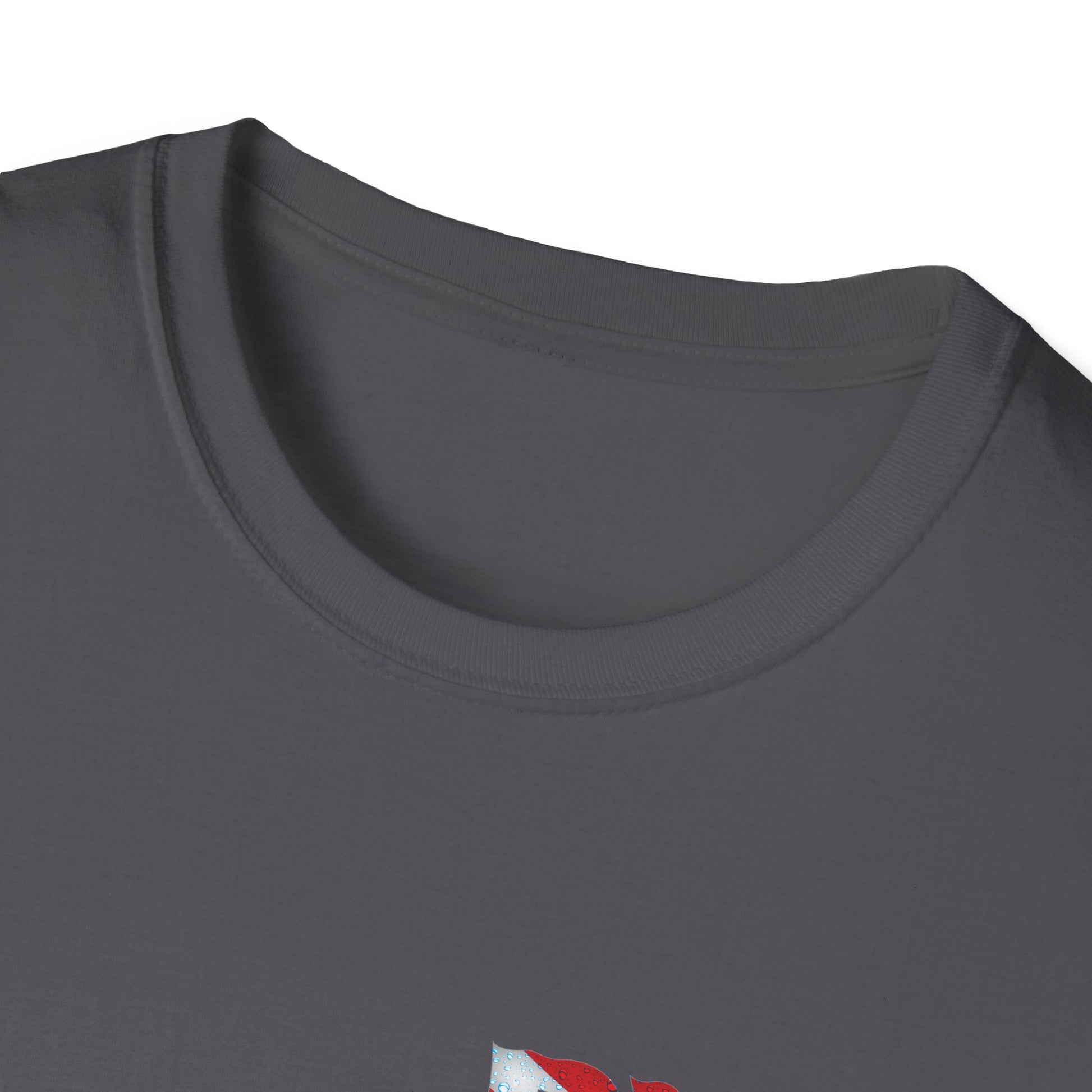 Close-up of a gray t-shirt with a small red and white logo on a white background