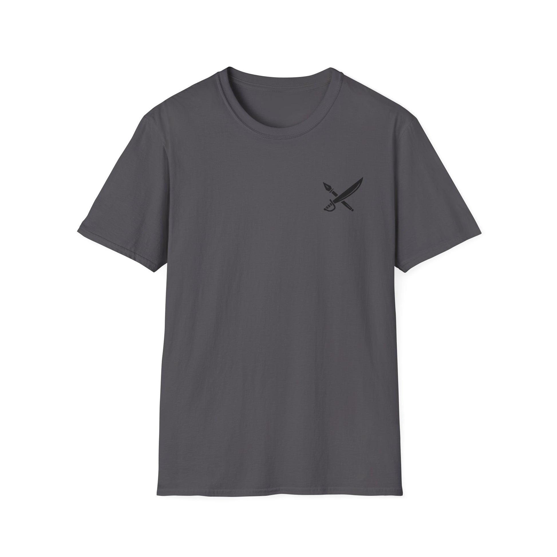 Gray t-shirt with a small black logo on a white background