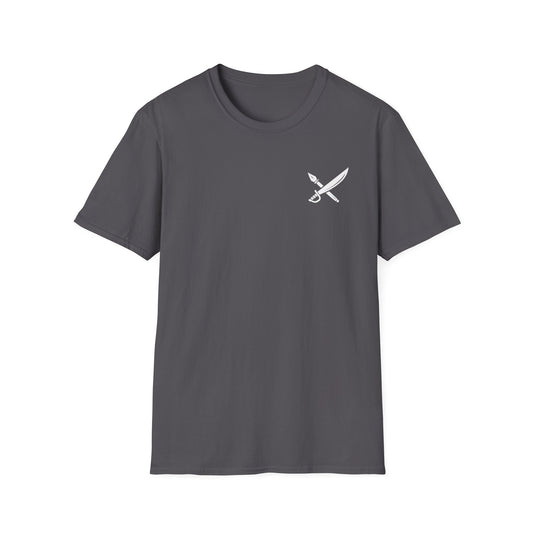 Gray t-shirt with a white logo on a white background