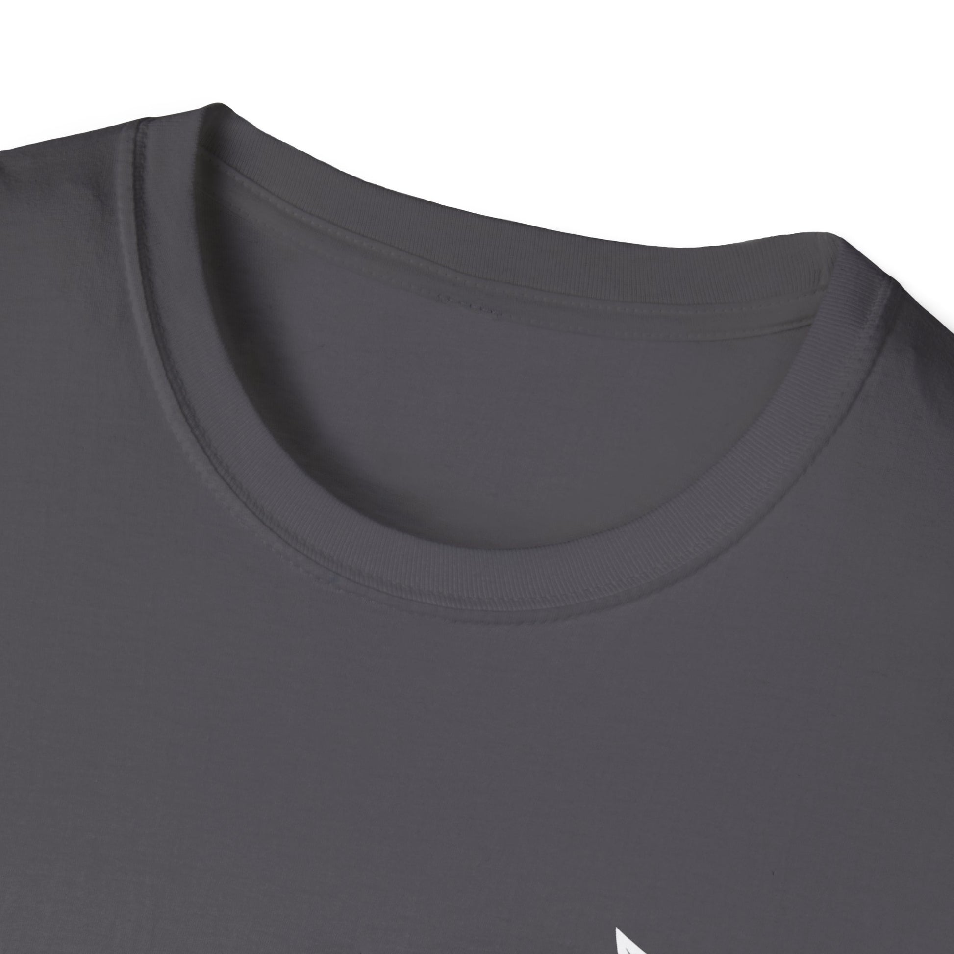Close-up of a dark gray t-shirt with a collar detail on a white background