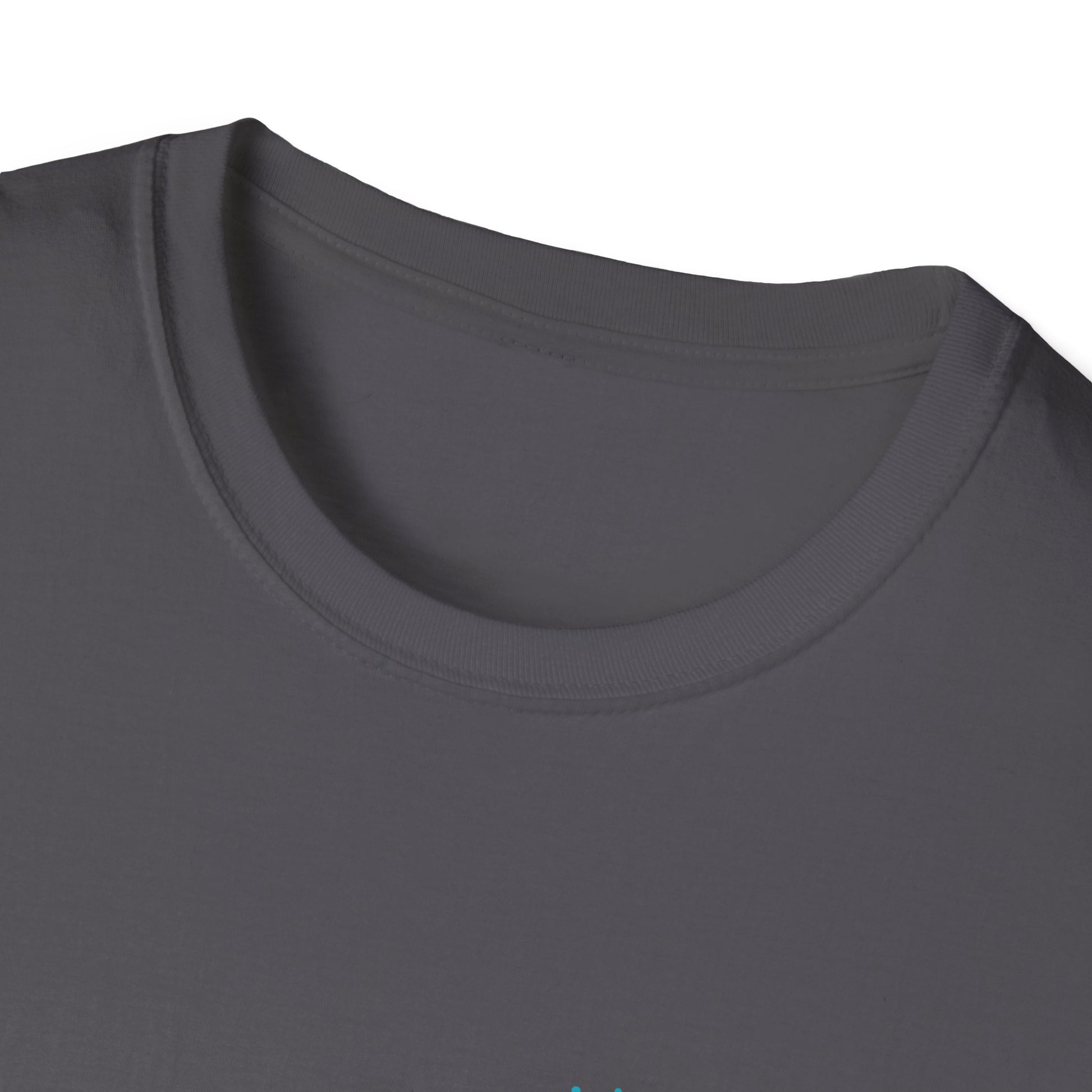 Close-up of a dark gray t-shirt with a collar on a white background