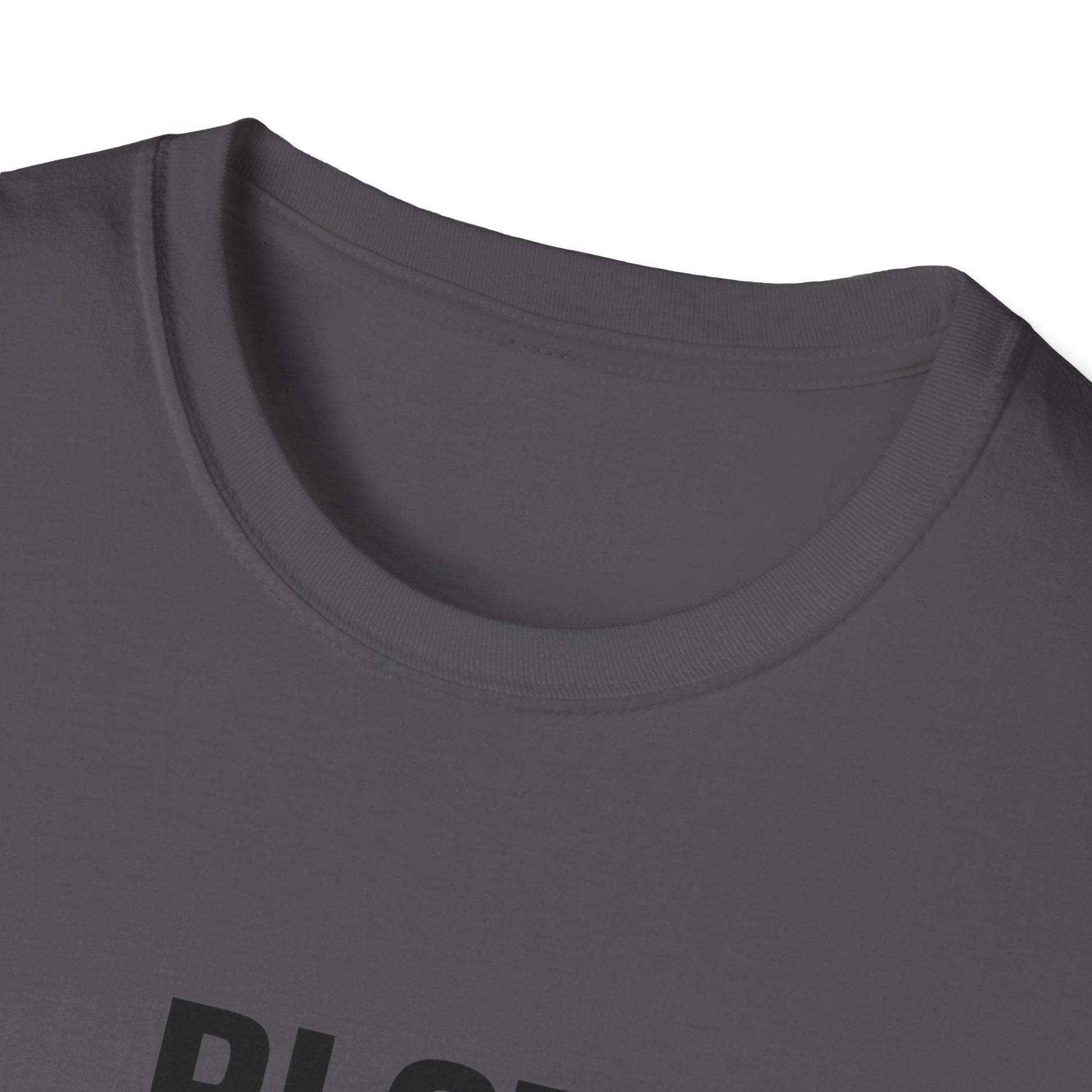 Close-up of a dark gray t-shirt with text on a white background