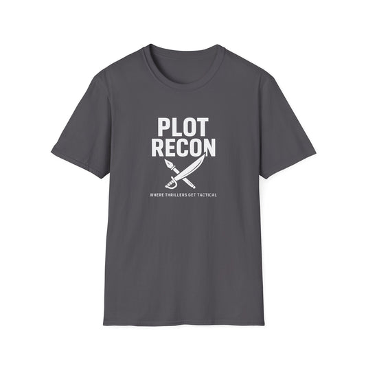 Gray t-shirt with 'Plot Recon' text and graphic on a white background