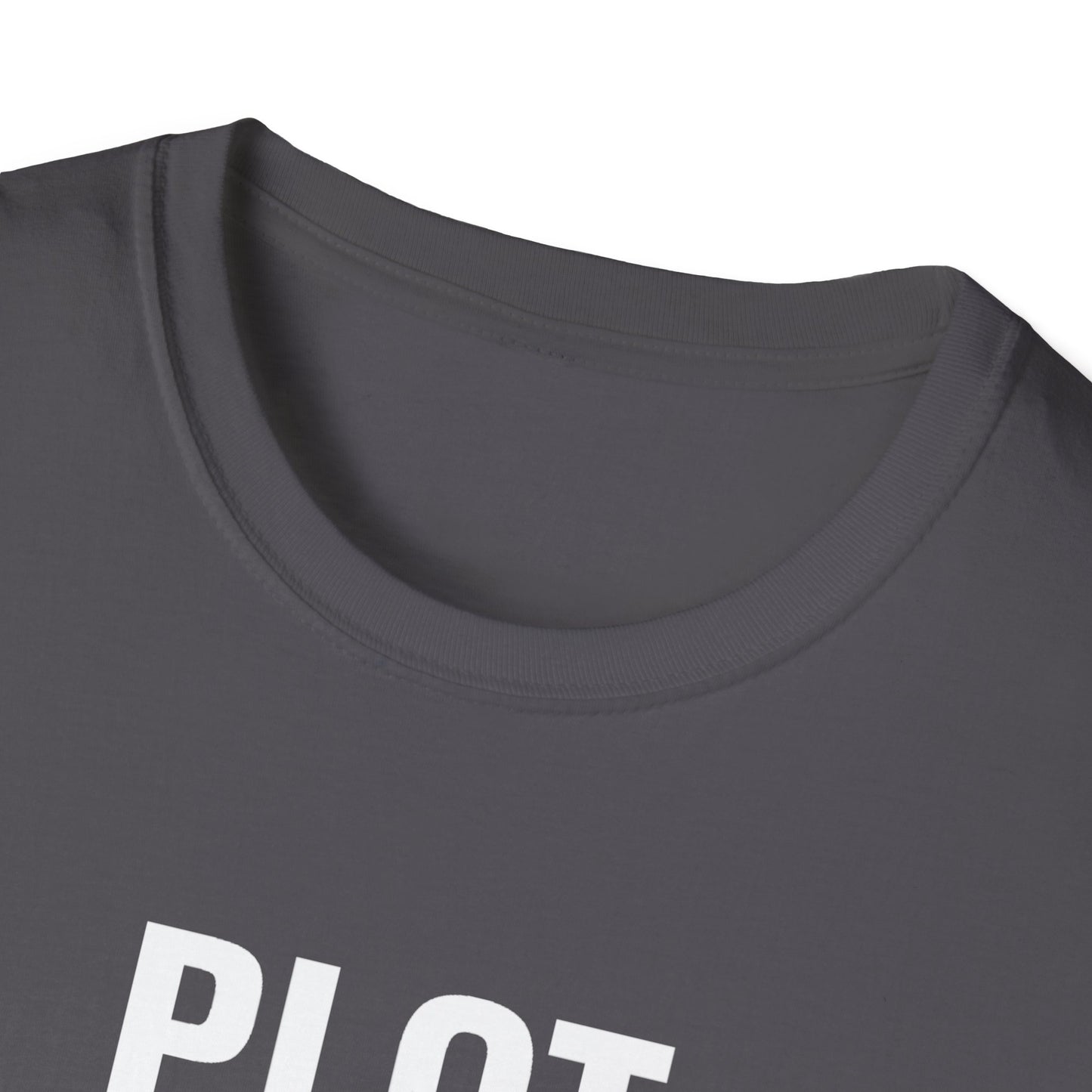 Close-up of a dark gray t-shirt with 'Plot Recon' printed on it.