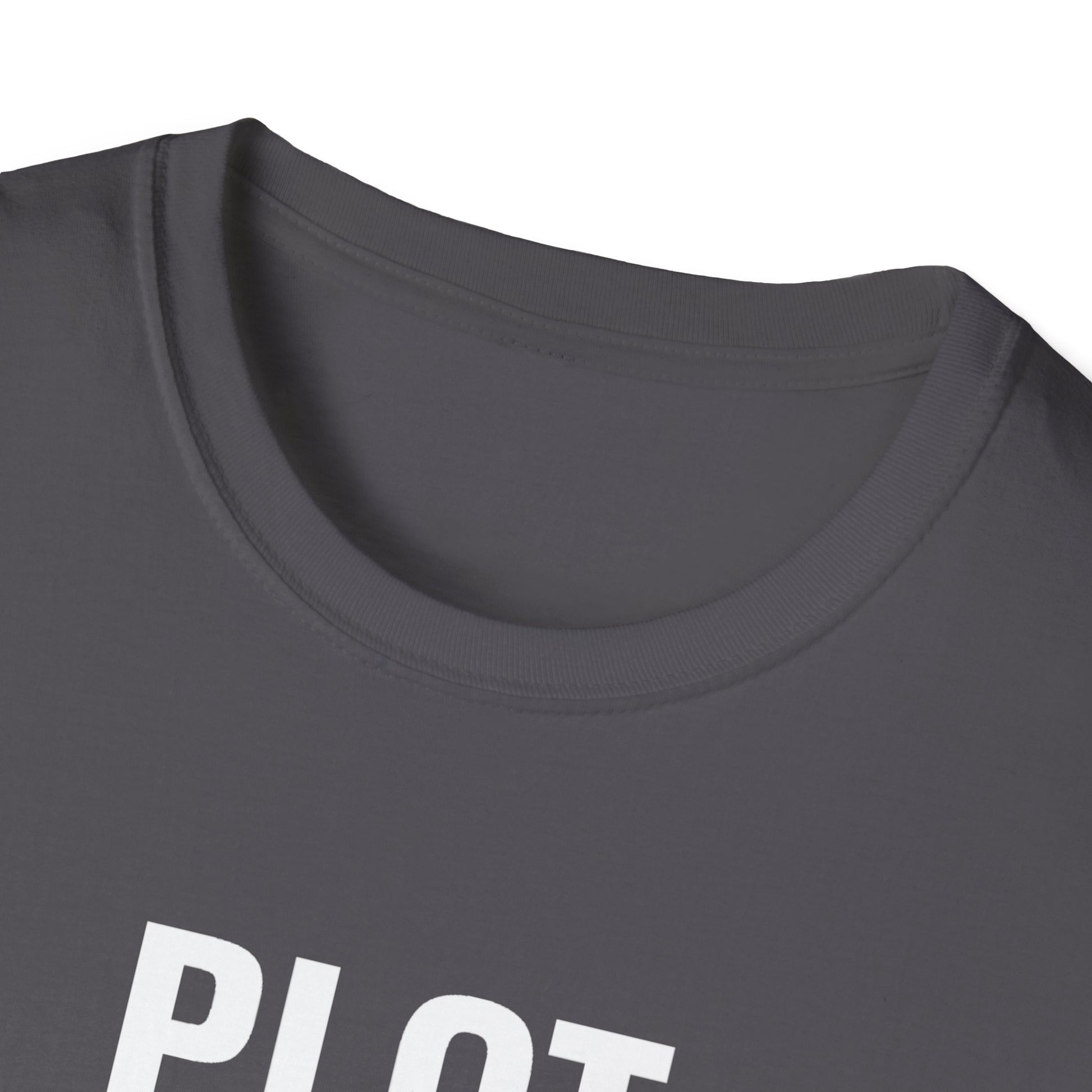 Close-up of a dark gray t-shirt with 'Plot Recon' printed on it.