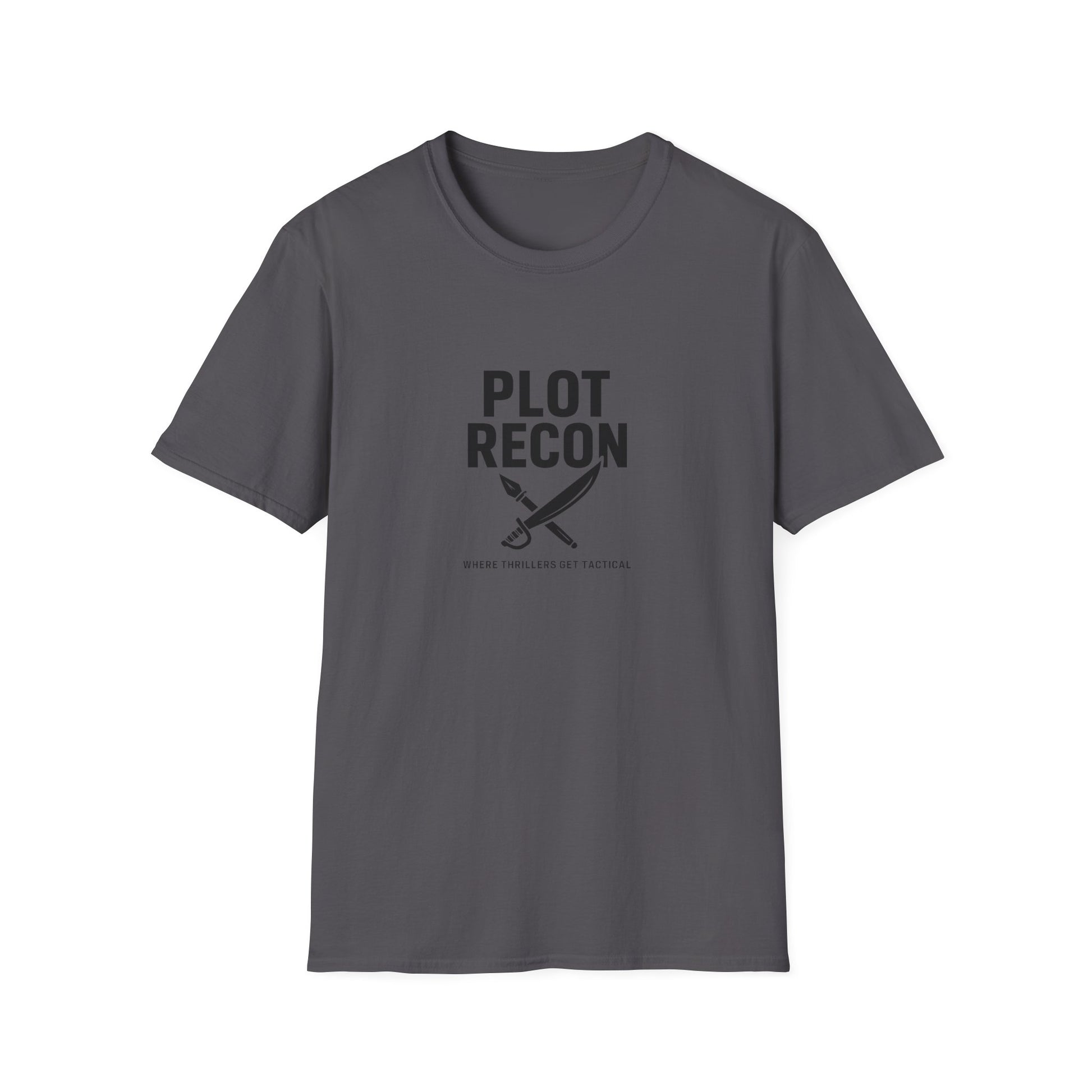 Gray t-shirt with 'PLOT RECON' text and sword graphic on a white background