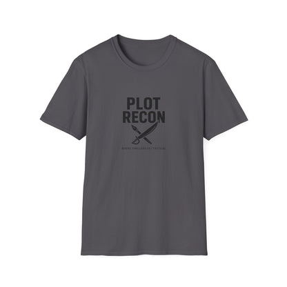 Gray t-shirt with 'PLOT RECON' text and sword graphic on a white background