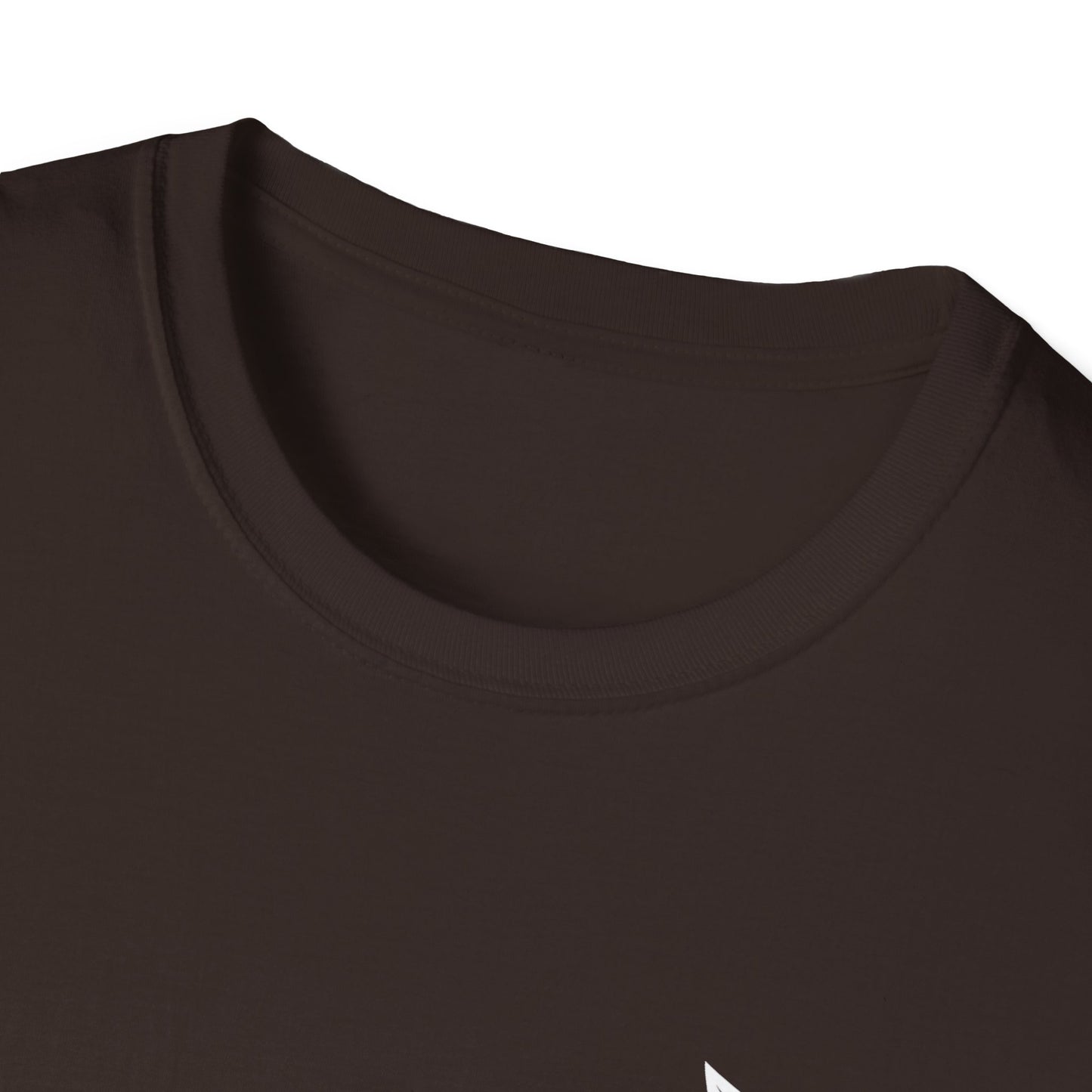 Close-up of a brown t-shirt collar on a white background
