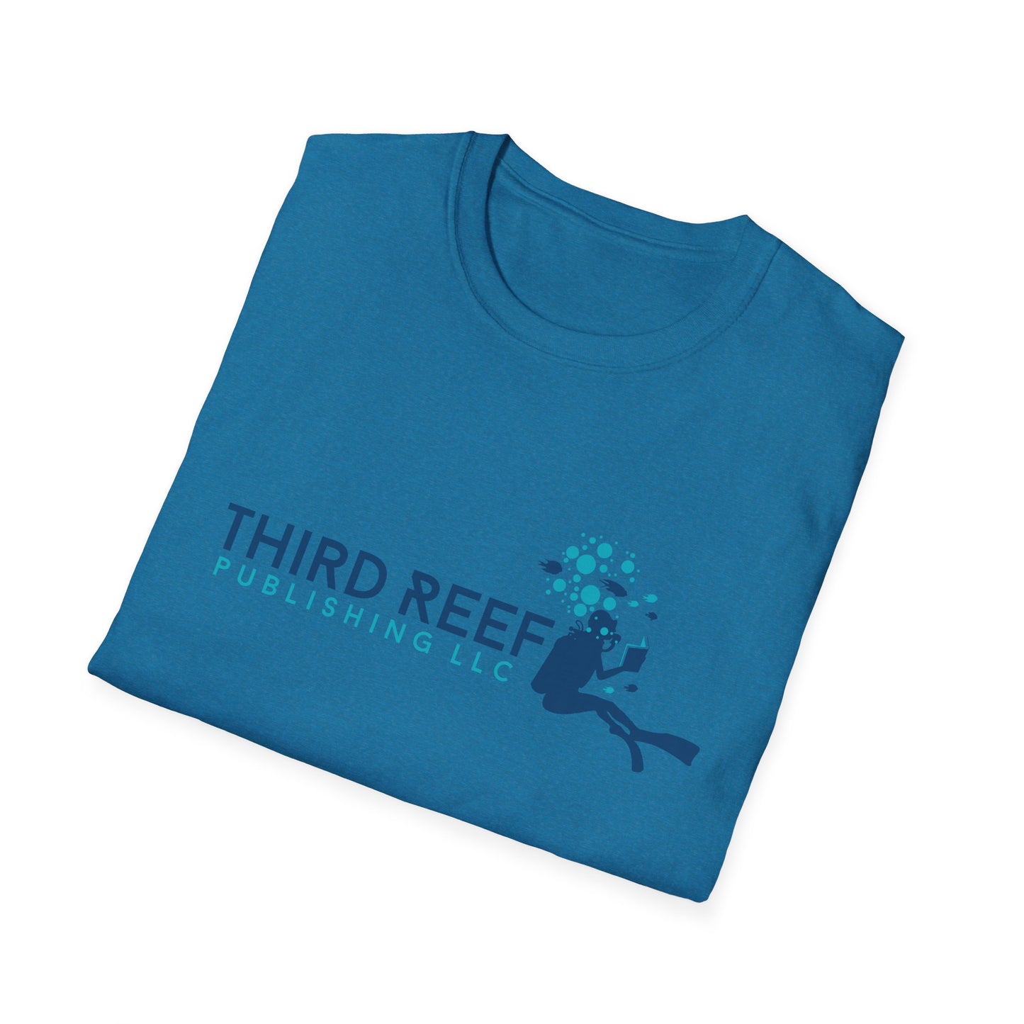 Folded blue t-shirt with 'Third Reef Publishing LLC' logo on a white background