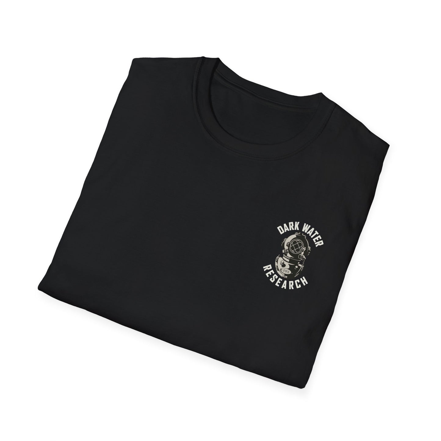 Folded black t-shirt with 'Dark Water Research' logo on a white background