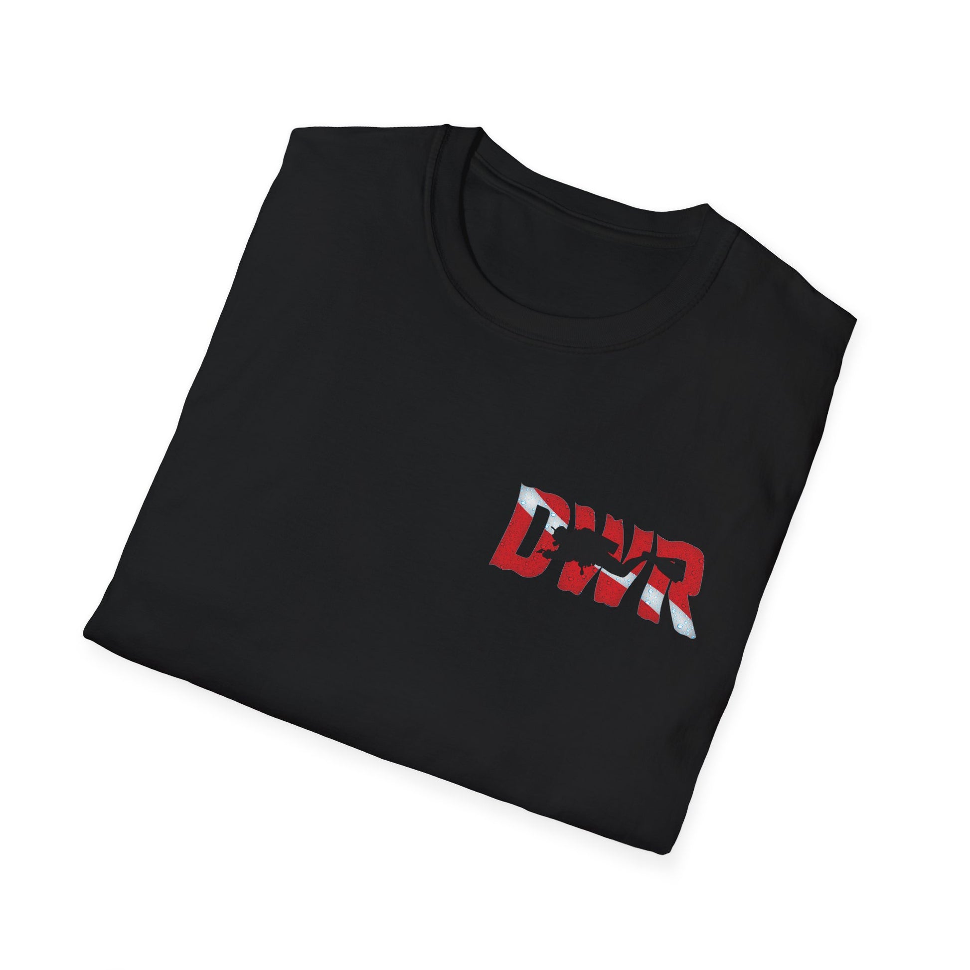 Black t-shirt with a red and white logo on a white background