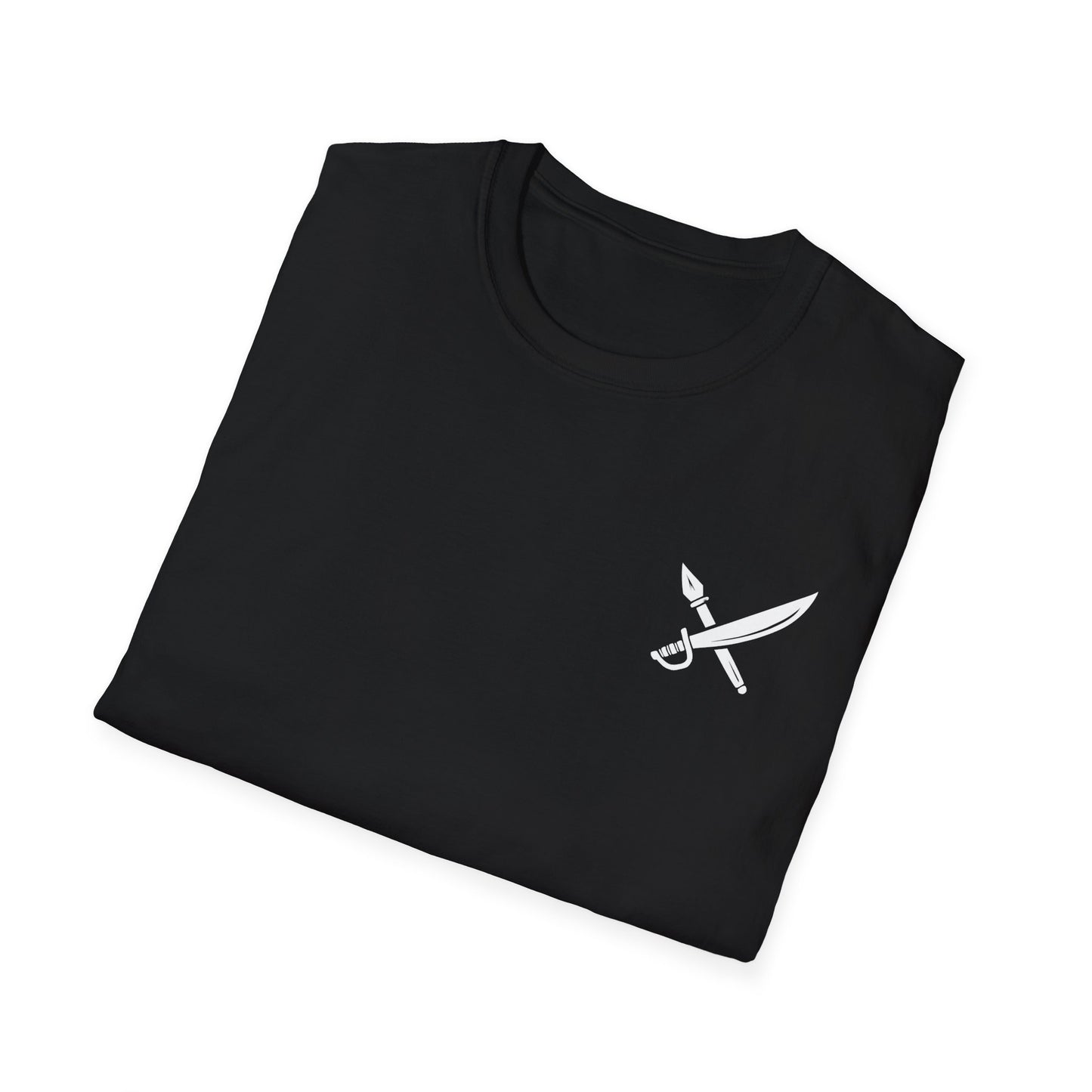 Folded black t-shirt with a white dagger design on a white background