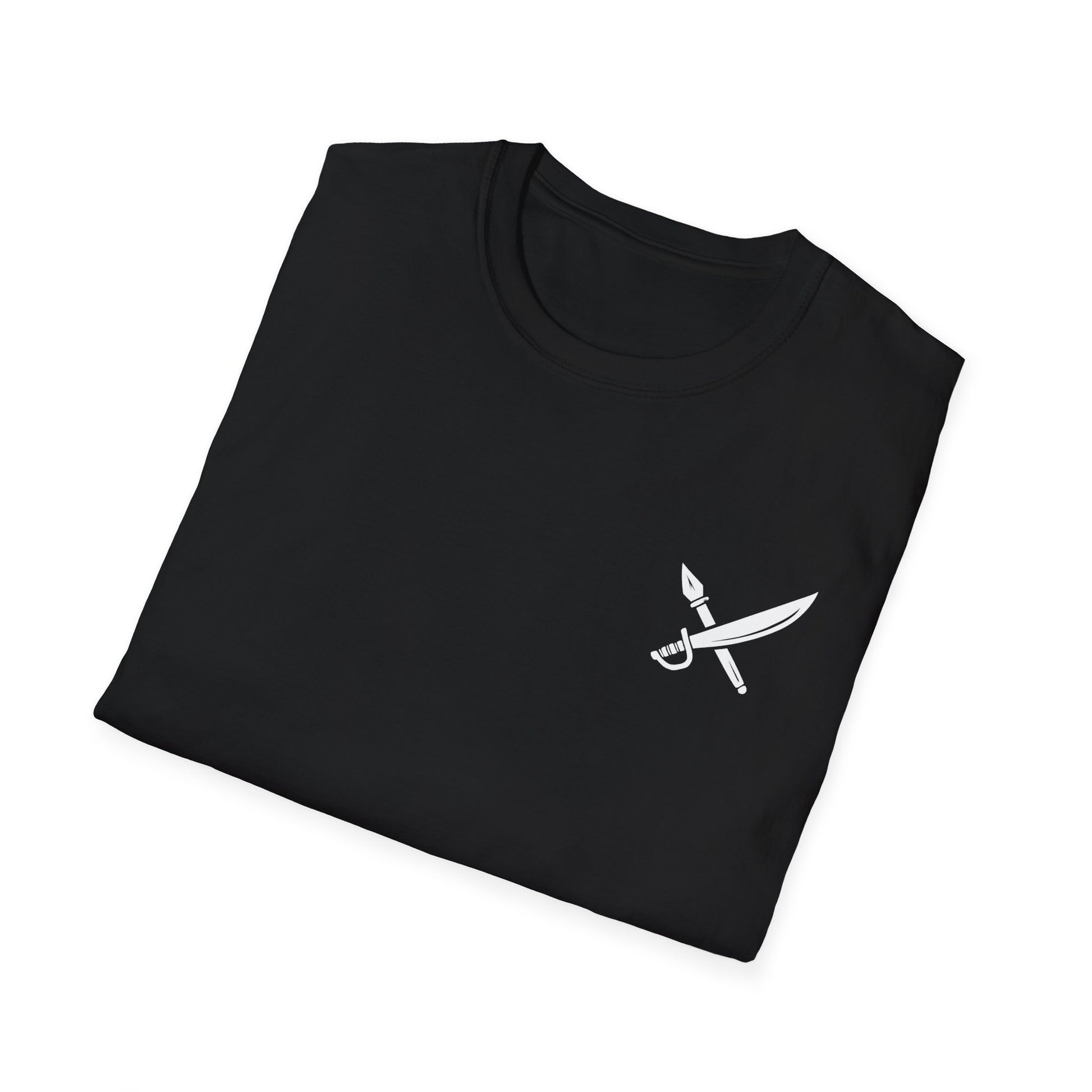 Folded black t-shirt with a white dagger design on a white background