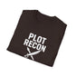Folded black t-shirt with 'PLOT RECON' text and sword graphic on a white background