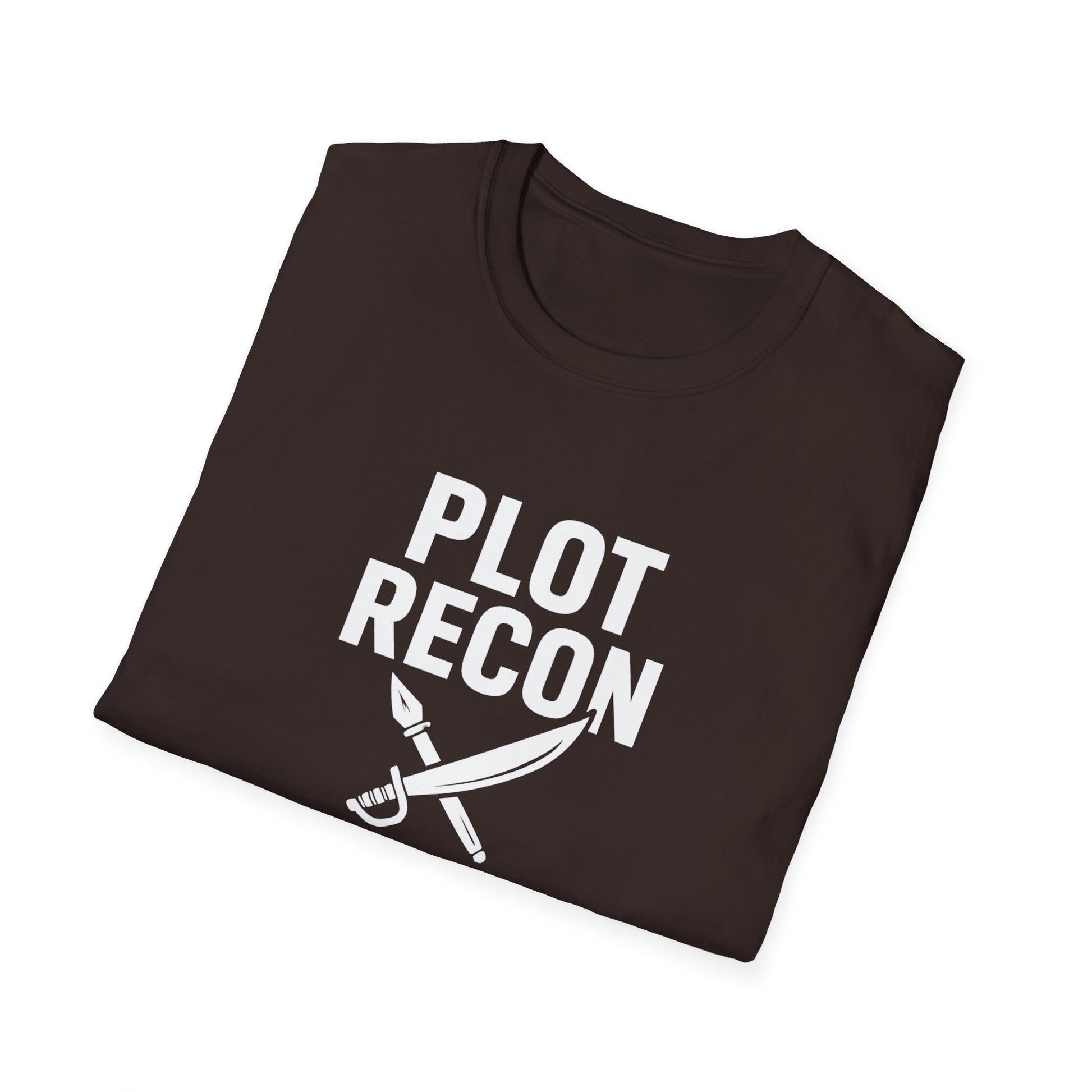 Folded black t-shirt with 'PLOT RECON' text and sword graphic on a white background