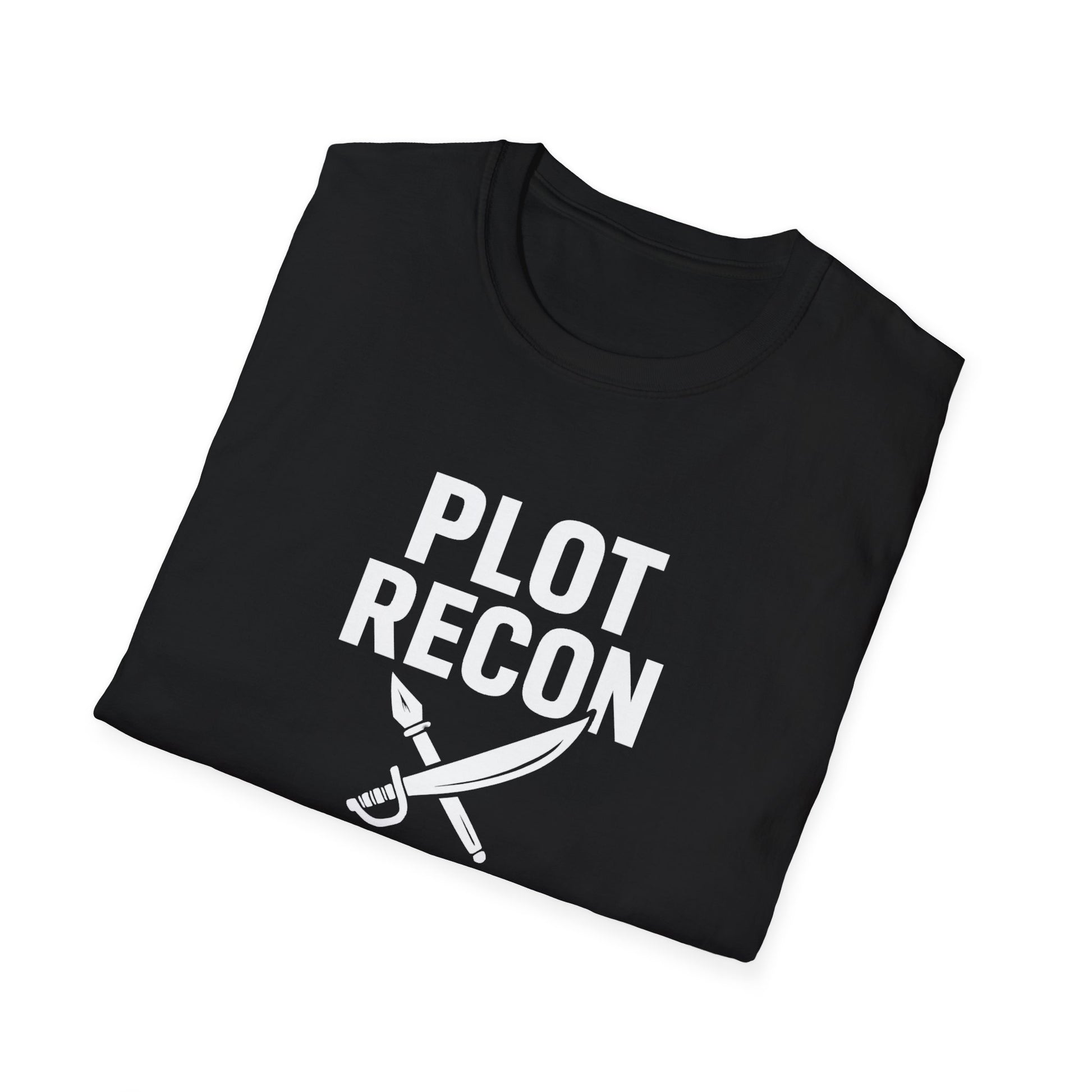Black t-shirt with 'PLOT RECON' text and sword graphic on a white background