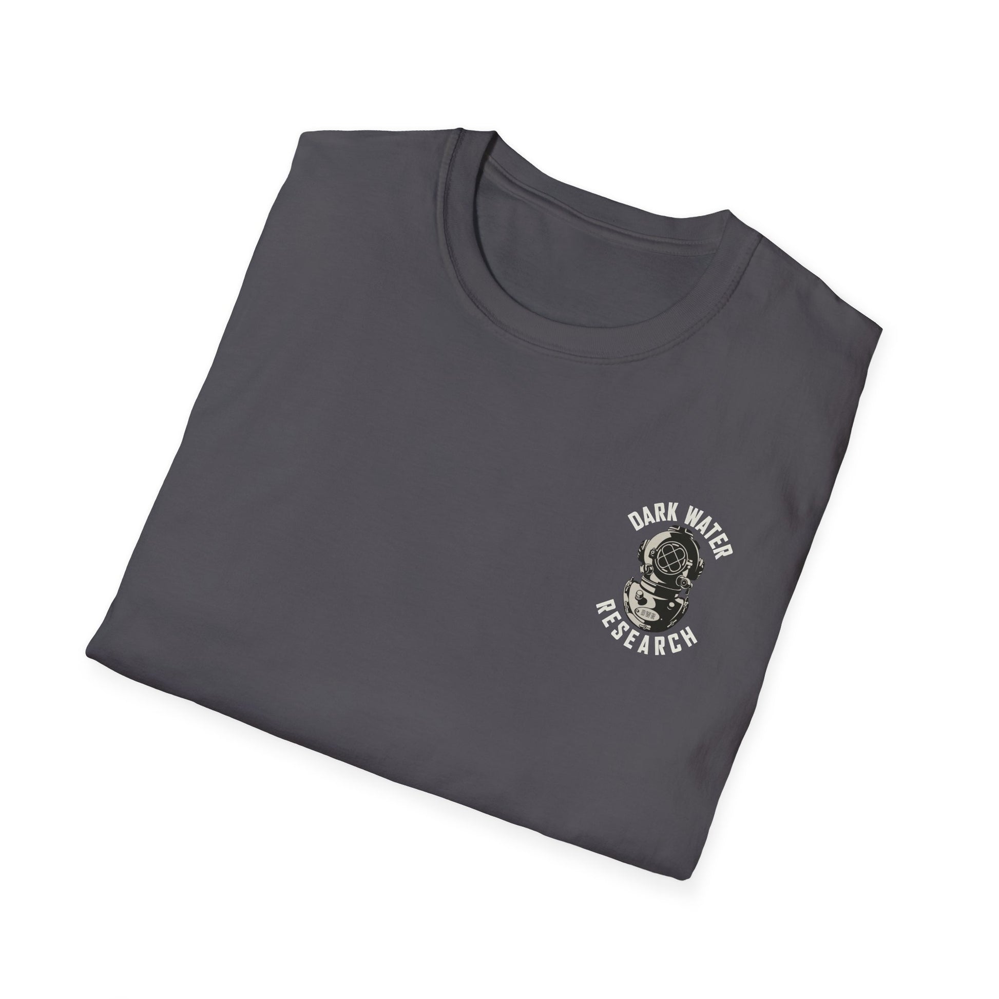 Folded gray t-shirt with 'Dark Water Research' logo on a white background