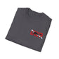 Folded gray t-shirt with a red and white logo on a white background